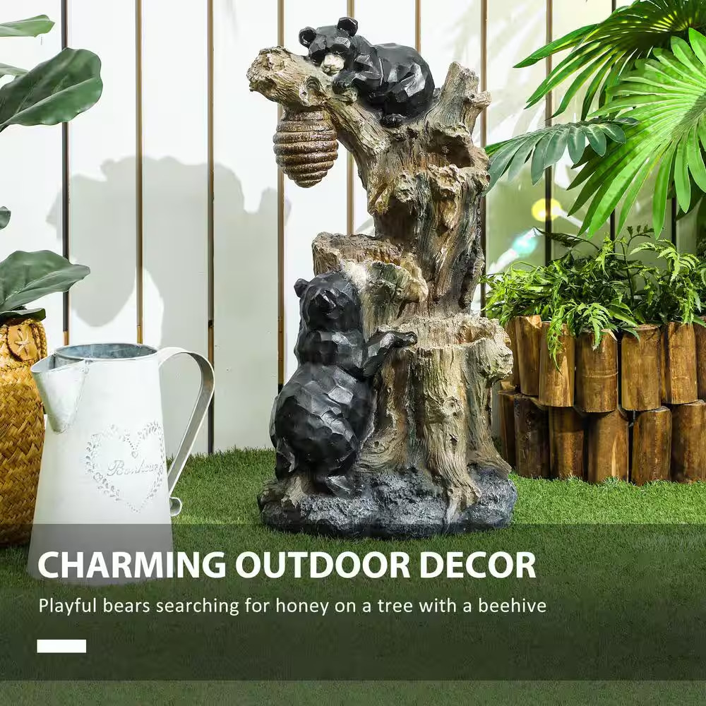 22.4 In. Outdoor Water Fountain, 3-Tiered Fountain with Bear Design and LED Ligh