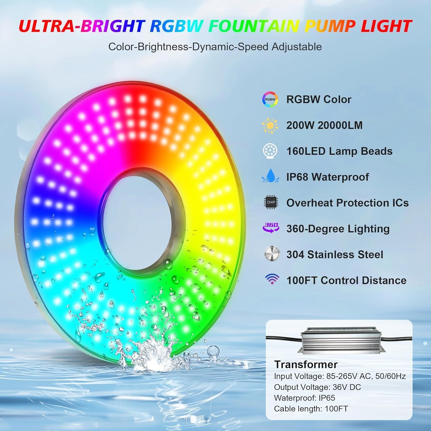 Pond Fountain Aerator Lights F0 200W RGBW 20000LM 160LED Fountain Light w/ 100ft