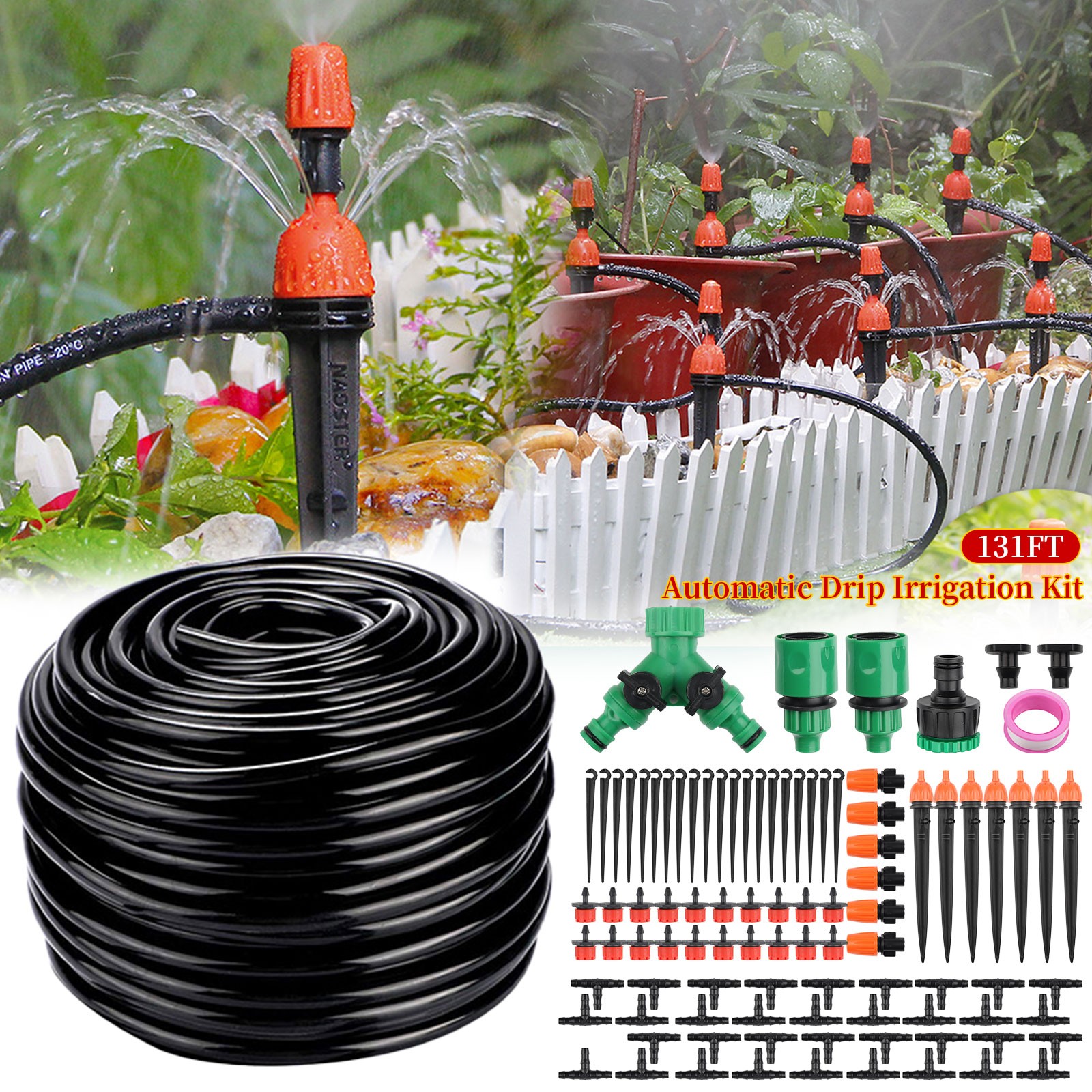 130FT Drip Irrigation System Garden Plant Self Watering Micro Hose Sprinkler Kit