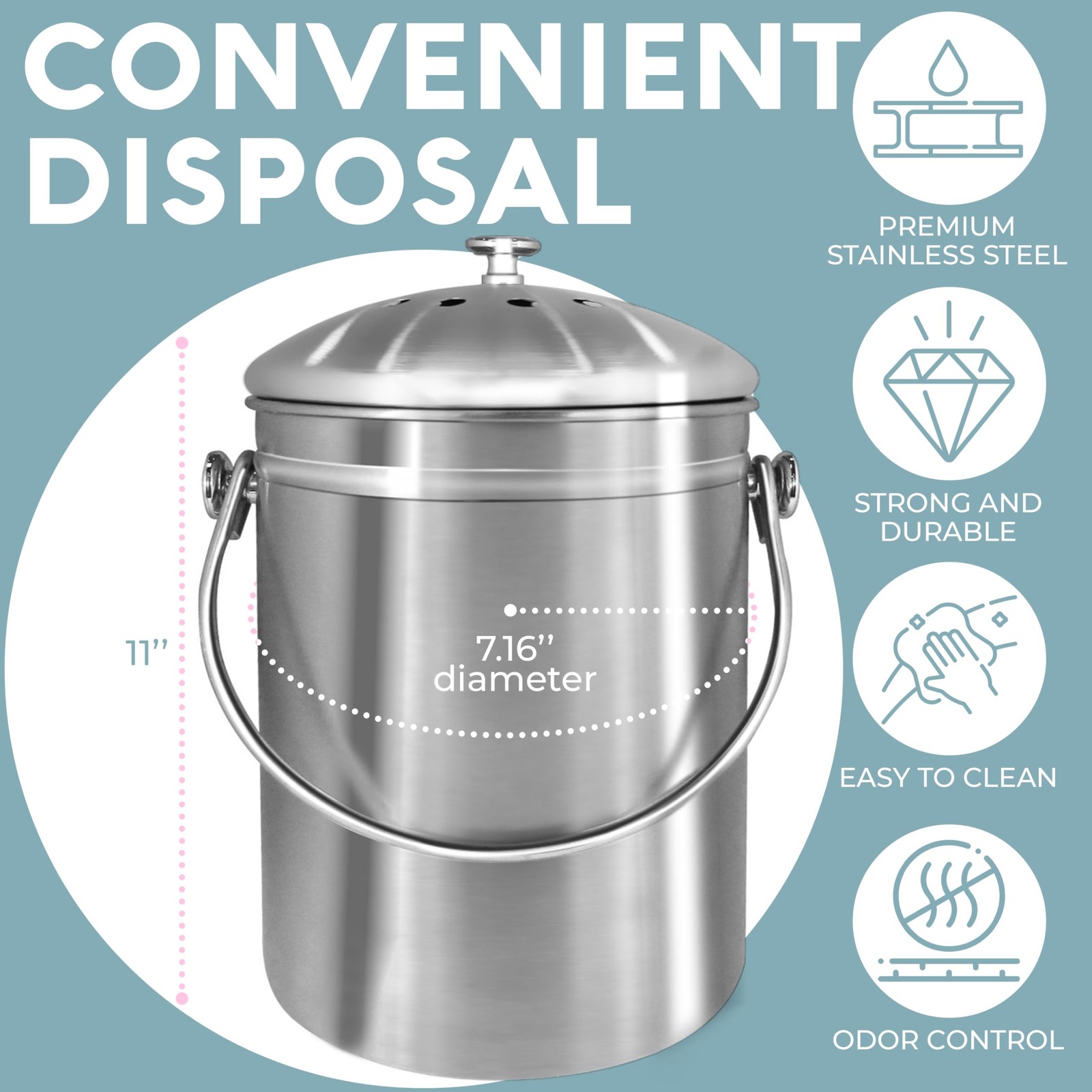 EPICA Stainless Steel Compost Bin Kitchen Odor Control Charcoal Filter 11 Inch