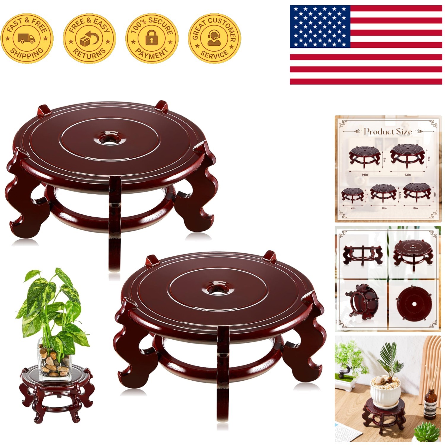 Compact 2-Piece Wooden Plant Stands – Elegant Rosewood Finish for Any Room