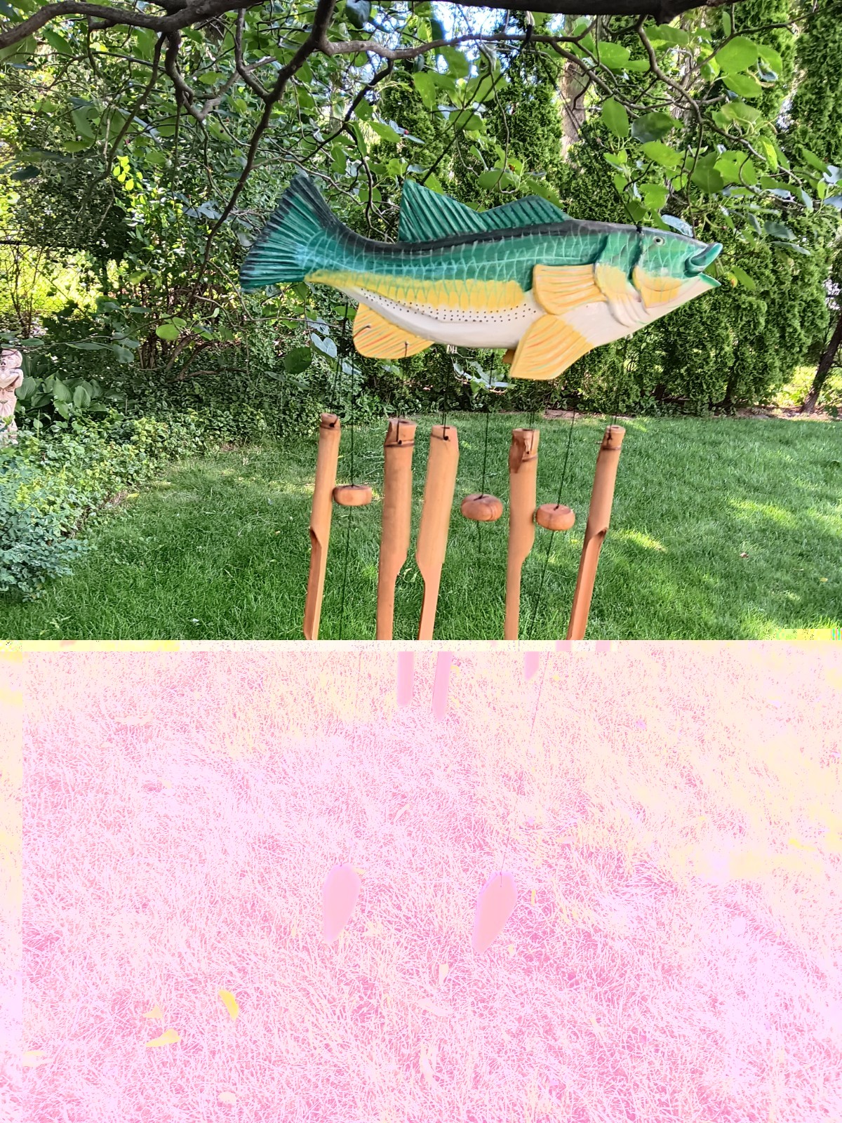 Large Vtg Walleye ? Fish Windchime Wood Bamboo Cabin Cottage Decor