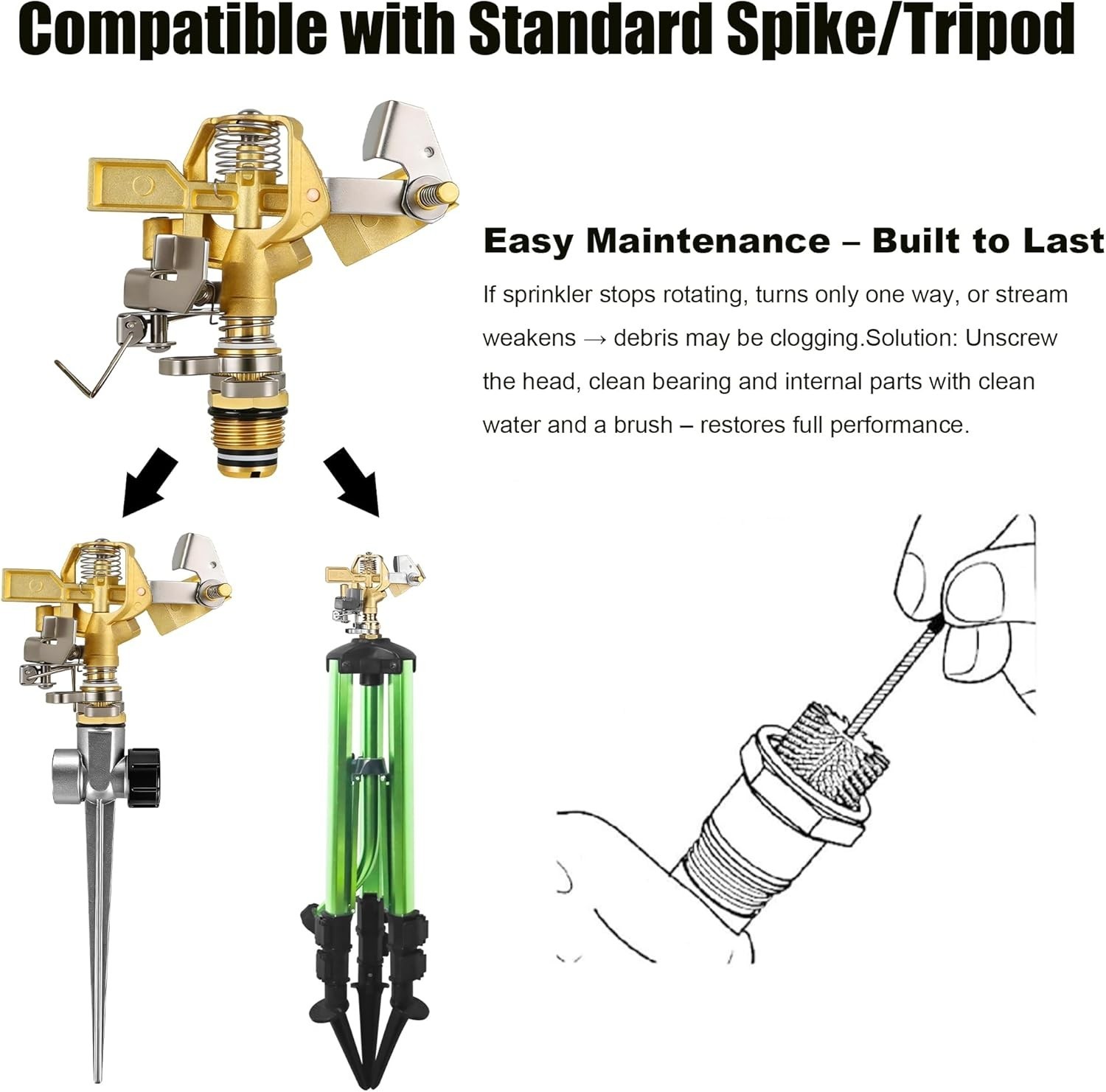 2 Pieces 1/2 Inch Brass Impact Sprinkler Head with Nozzles Heavy Duty Adjustable