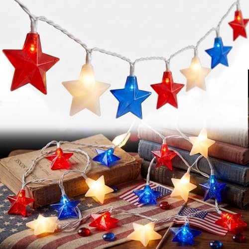 8.5Ft 10 LED Red White and Blue String Lights Plug in, 4th of July Star