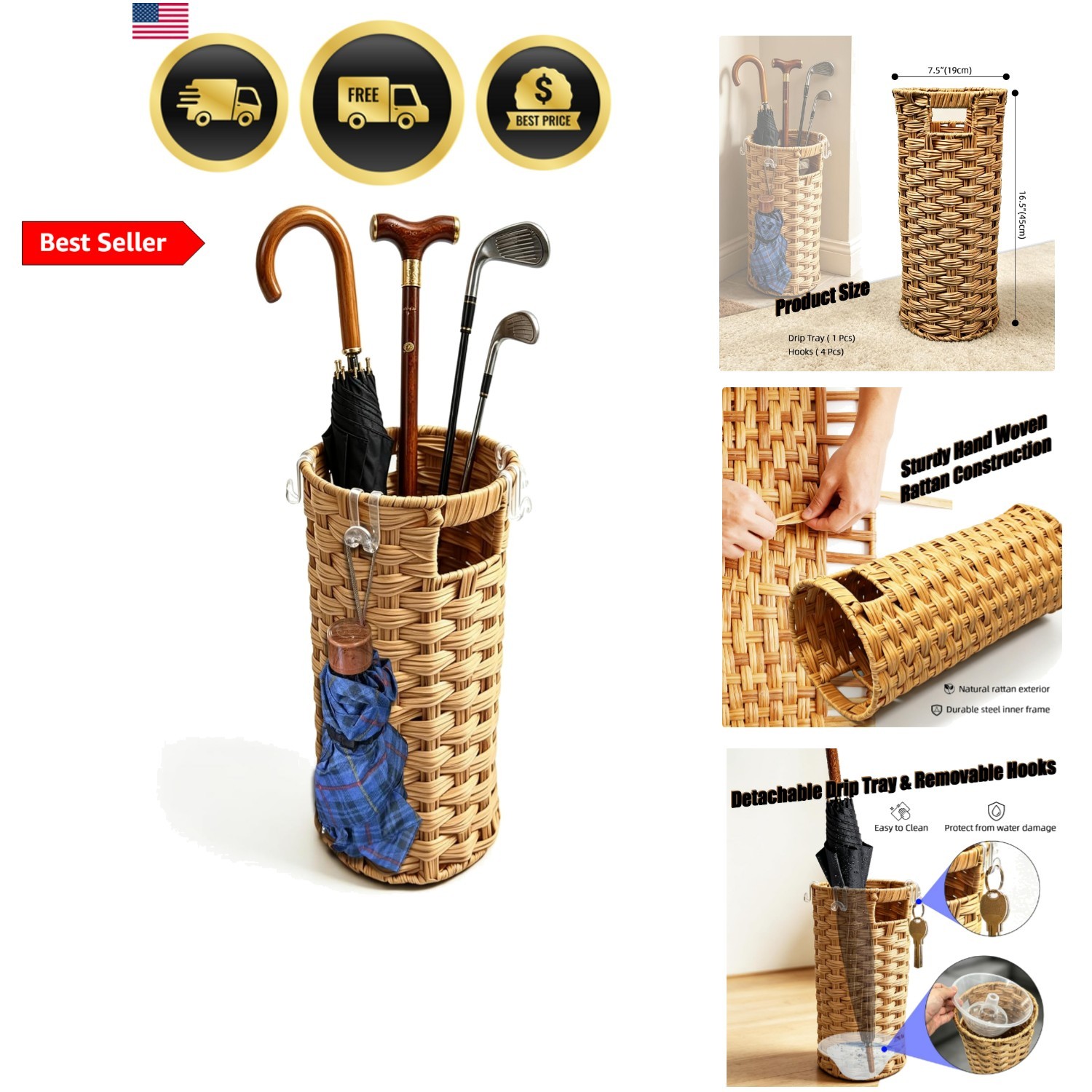 Rattan Umbrella Stand with Drip Tray – Hand Woven Freestanding Entryway Umbre…