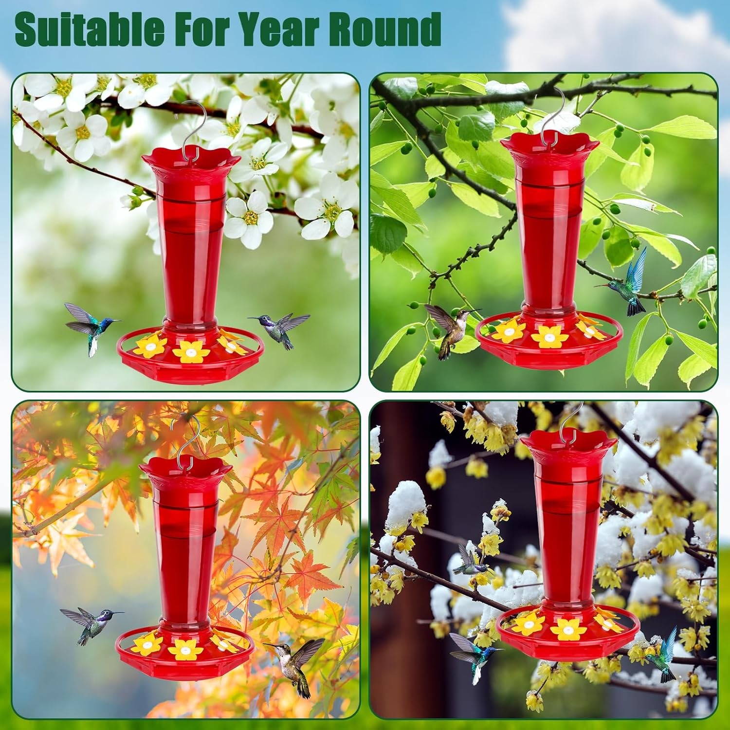 10 OZ Glass Hummingbird Feeders Outdoors Hanging Red 2 Pack Ant & Bee Proof