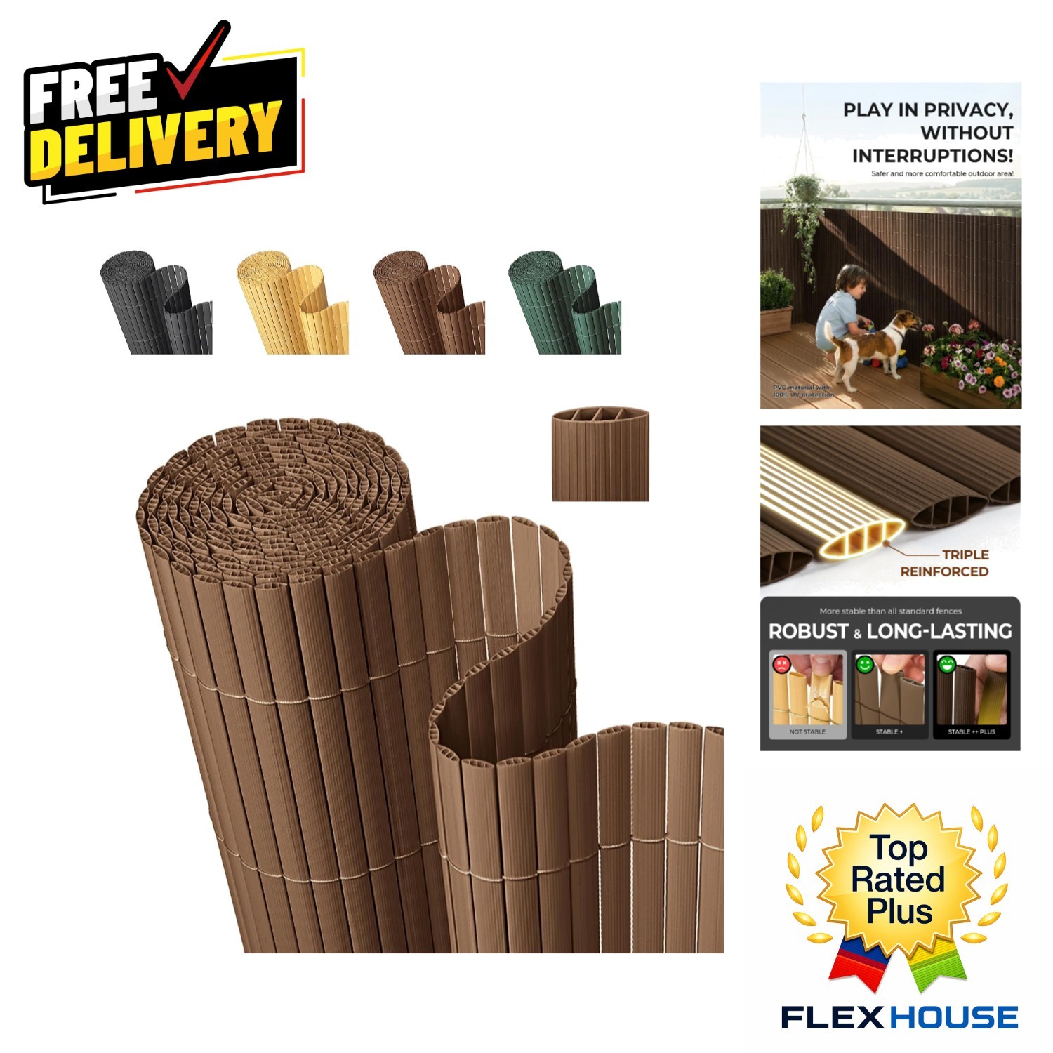 Textured Brown PVC Privacy Fence Screen, 2×10 FT – Easy Install & Custom Fit