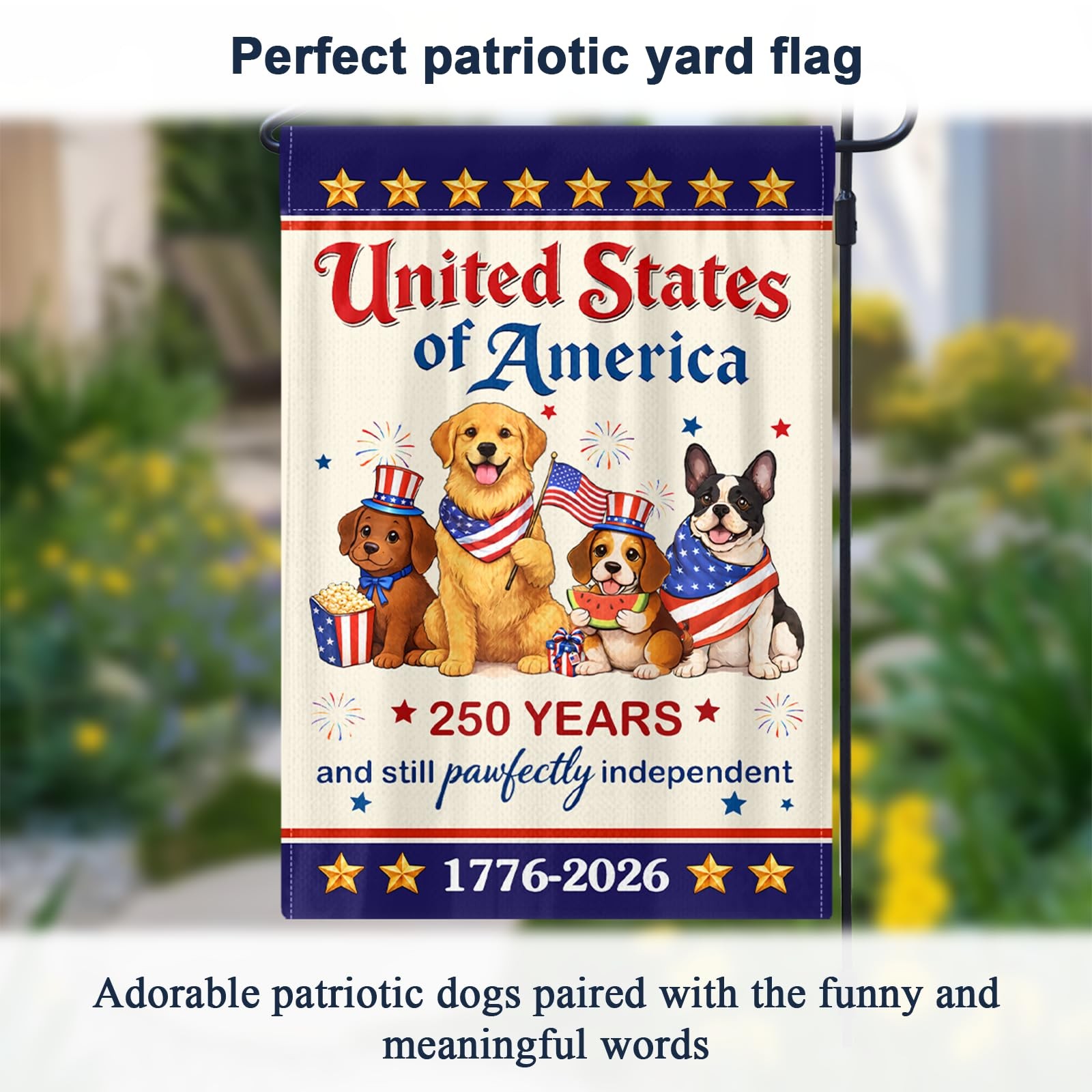 250 Anniversary USA Patriotic Dogs Yard 12 × 18 inches, Red, White & Blue