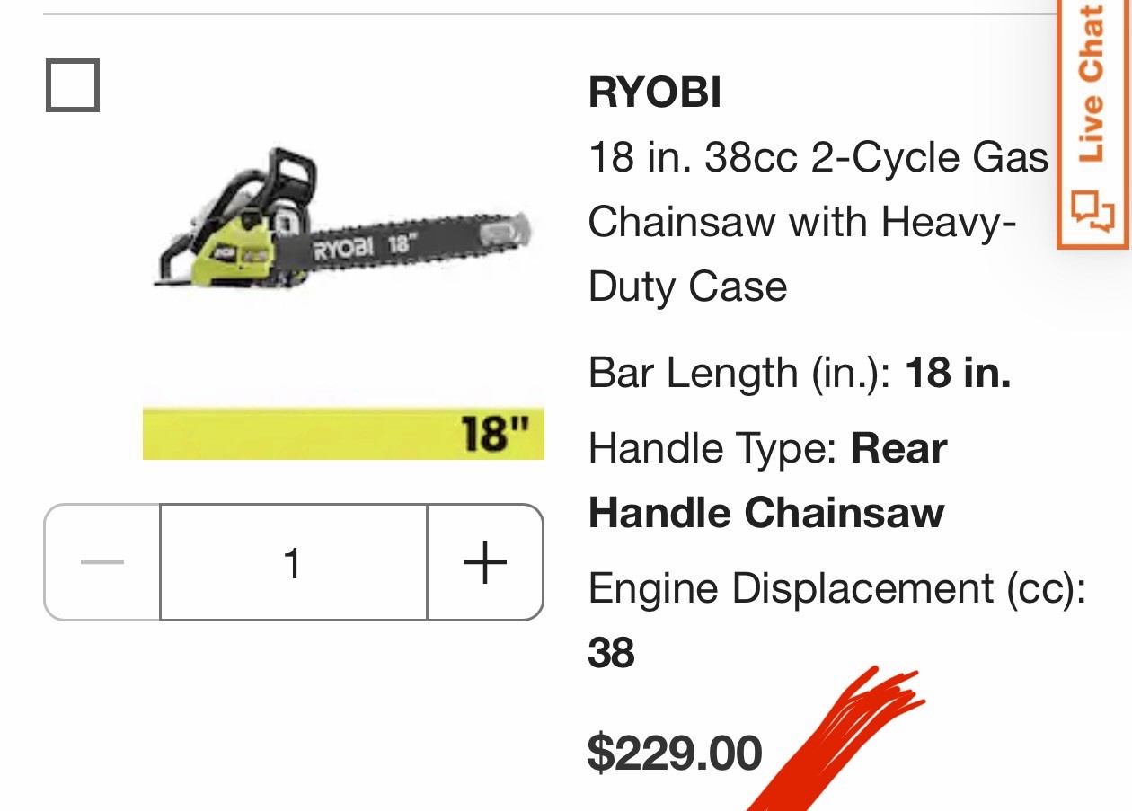 RYOBI 18in Gasoline Chainsaw USED 38CC 2-Cycle Gas Chainsaw With Storage Case