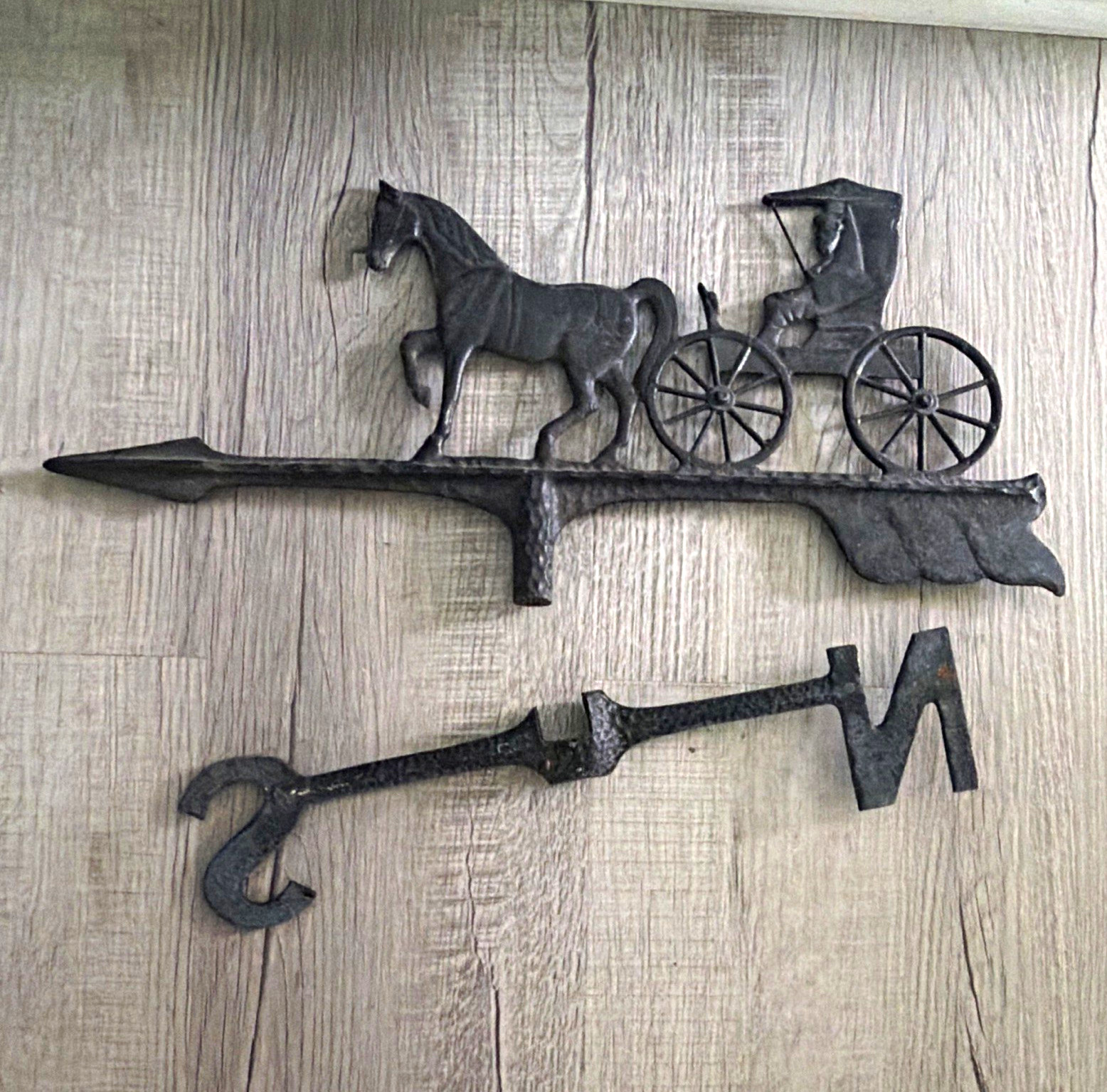 Black Metal Horse and Buggy Weathervane Arrow with N/S Directionals