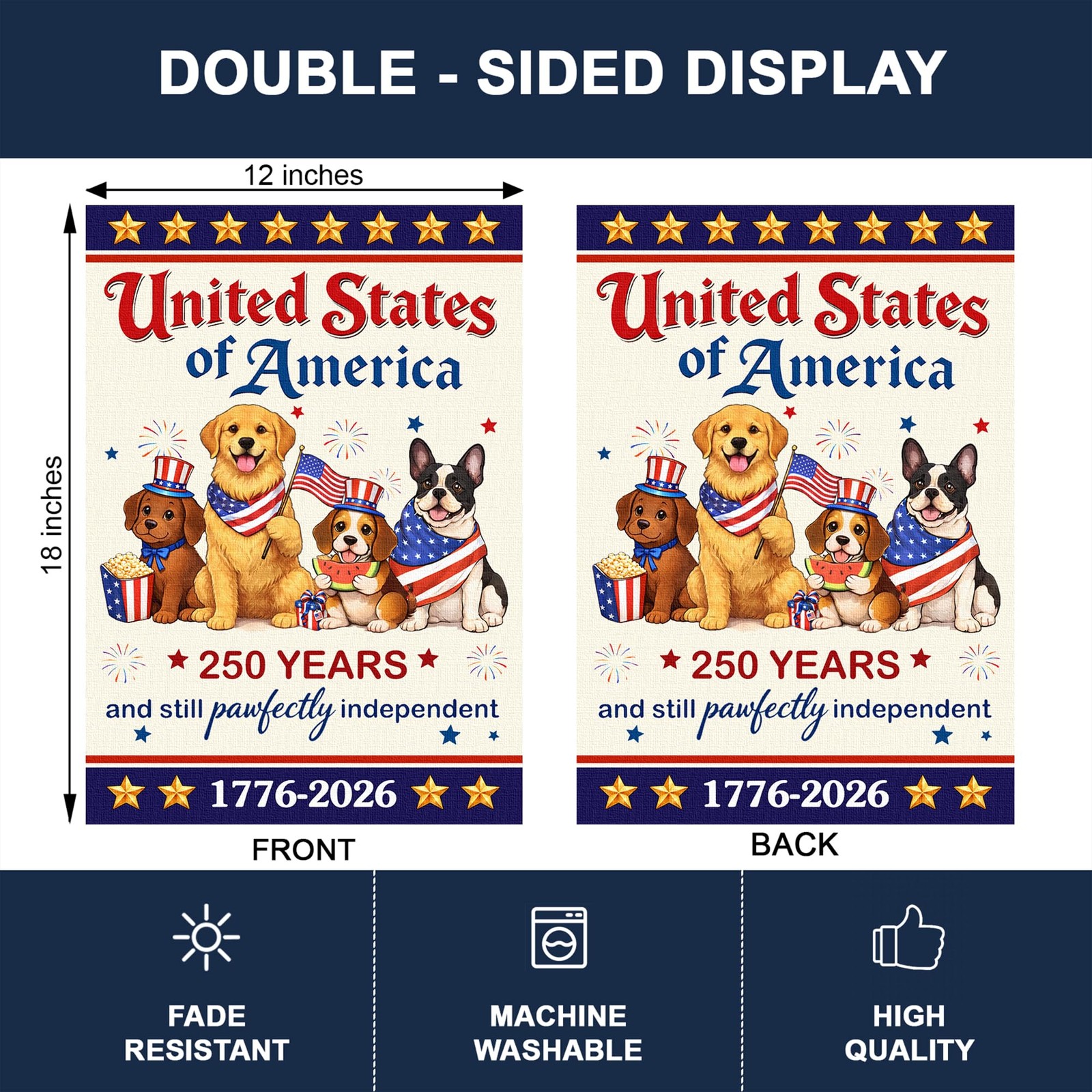 250 Anniversary USA Patriotic Dogs Yard 12 × 18 inches, Red, White & Blue