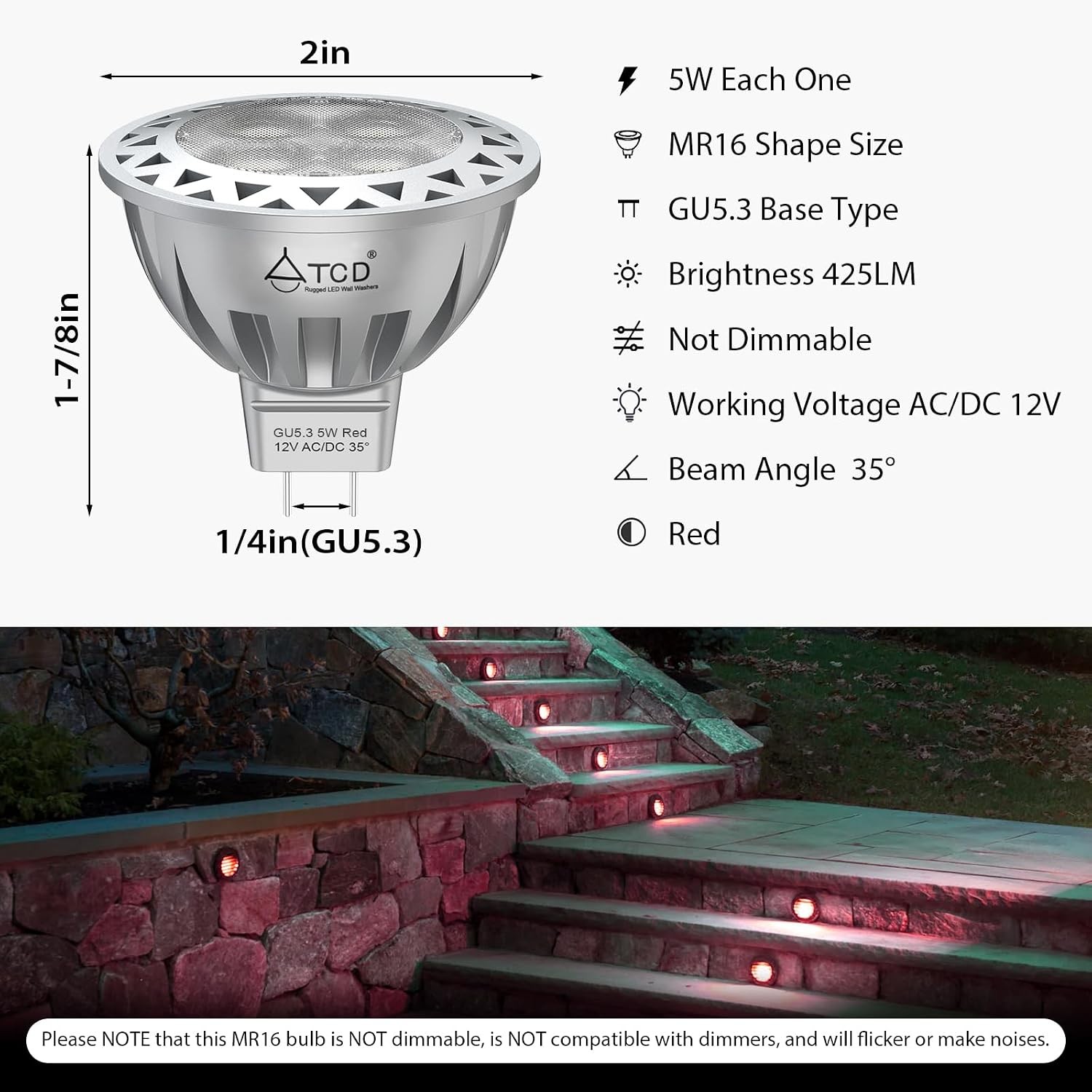 5W LED MR16 Bulb, 12V Low Voltage Bulbs for Landscape Lighting (Pack of 2, RED)