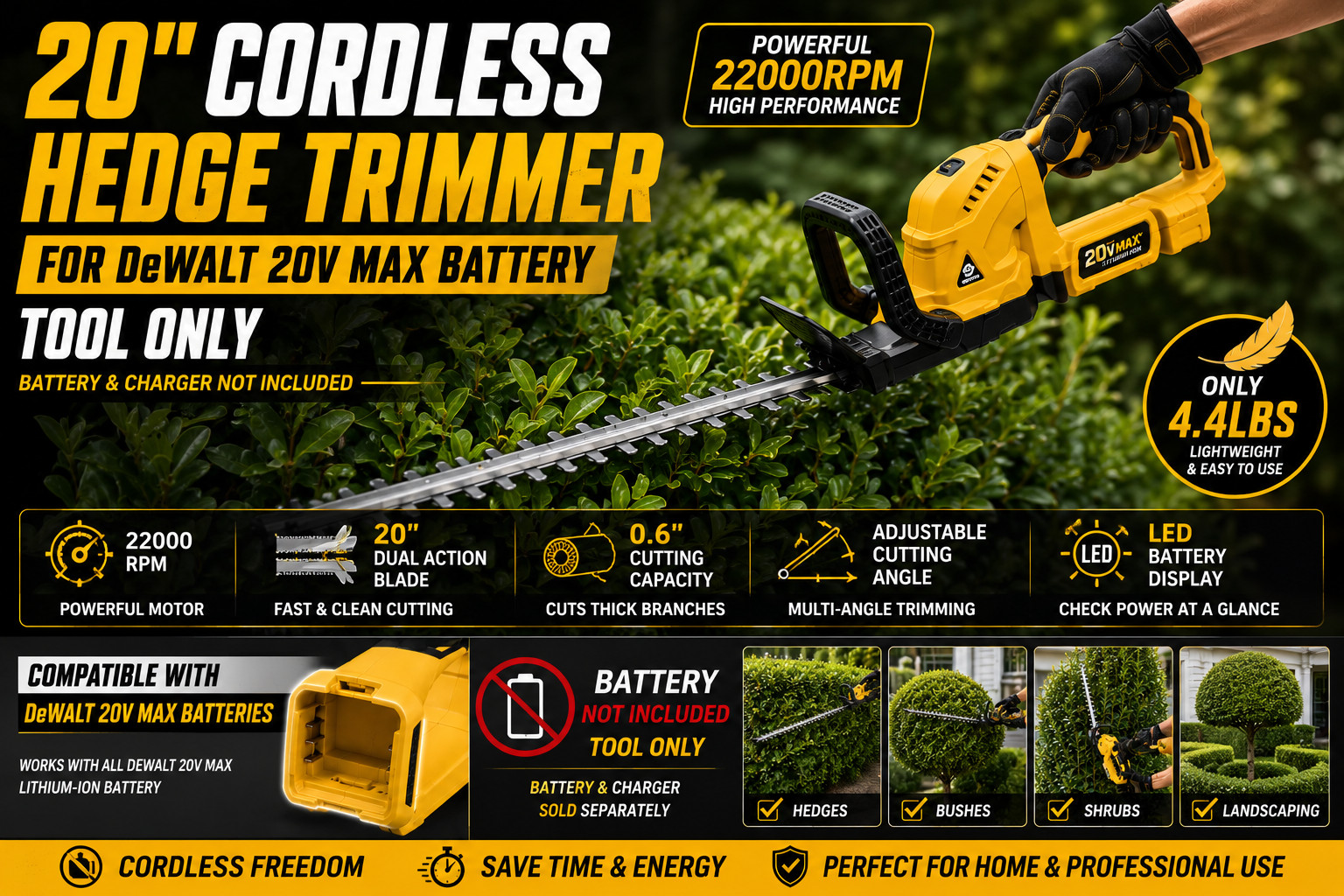 20V Hedge Trimmer Cordless For DeWalt 20V MAX Battery Adjustable Head Tool Only