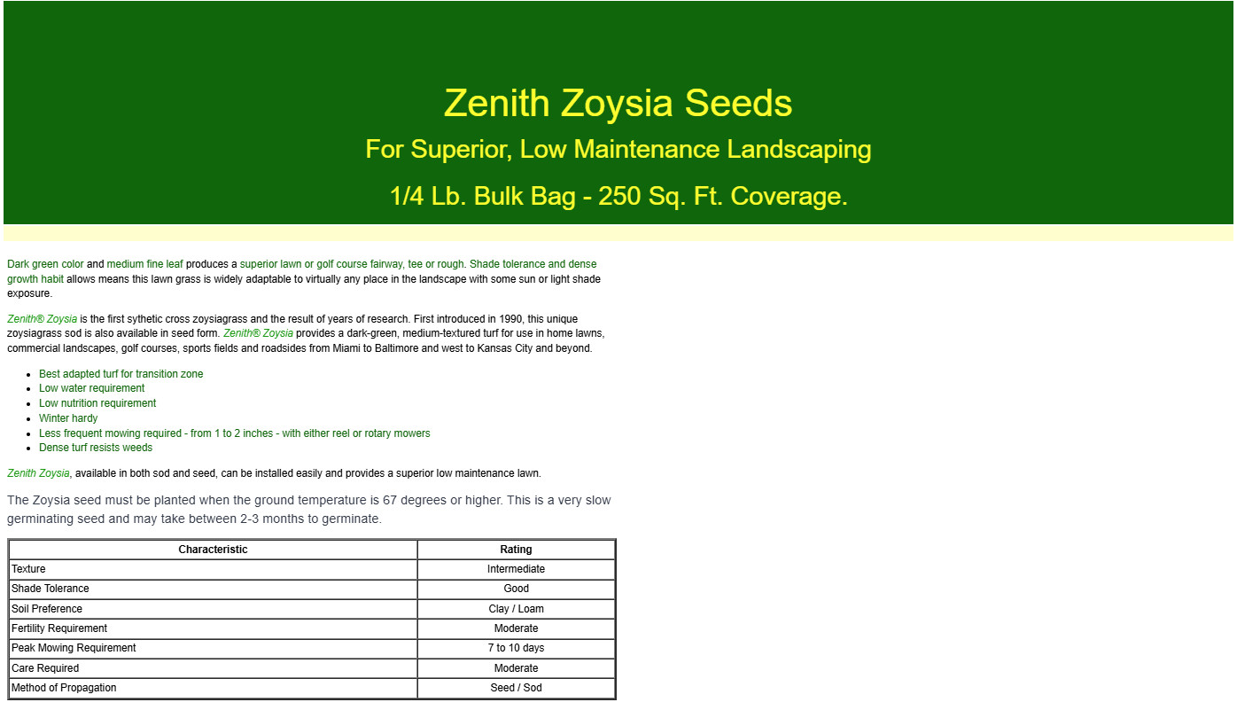 Zenith Zoysia Grass Seed 100% Pure – 1/4 Lb