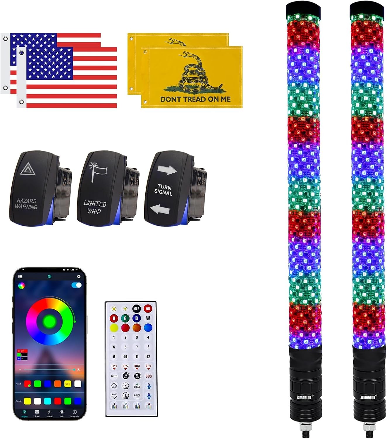 ZIMABLUE 2 Pack 2FT Fat Whip Lights RGB Chasing with 3 Switches for SXS