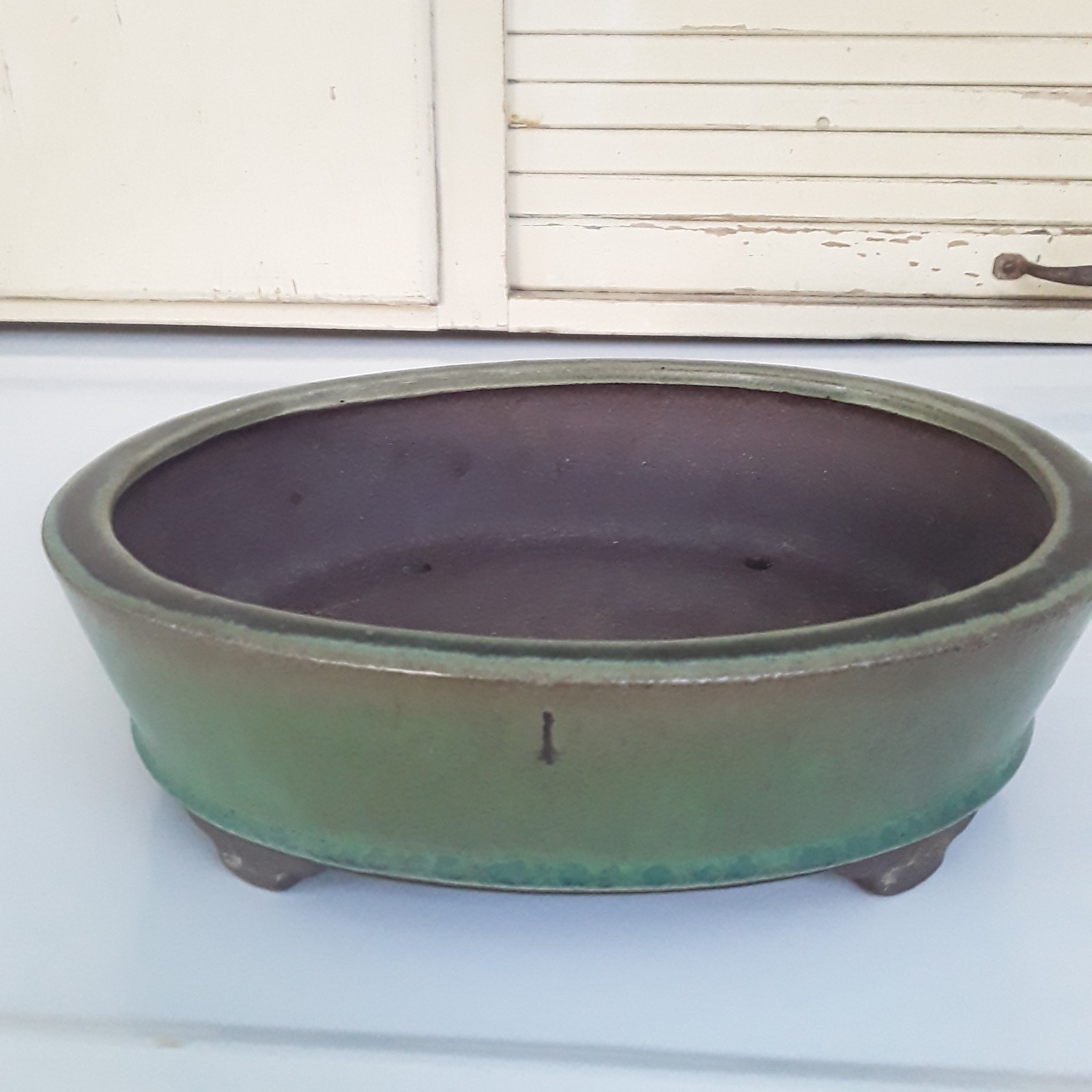 Japanese Bonsai Pot TOKONAME Green Glaze Oval 9 x 8.5 x 3″ SHOSEN-YAMAAKI W24cm