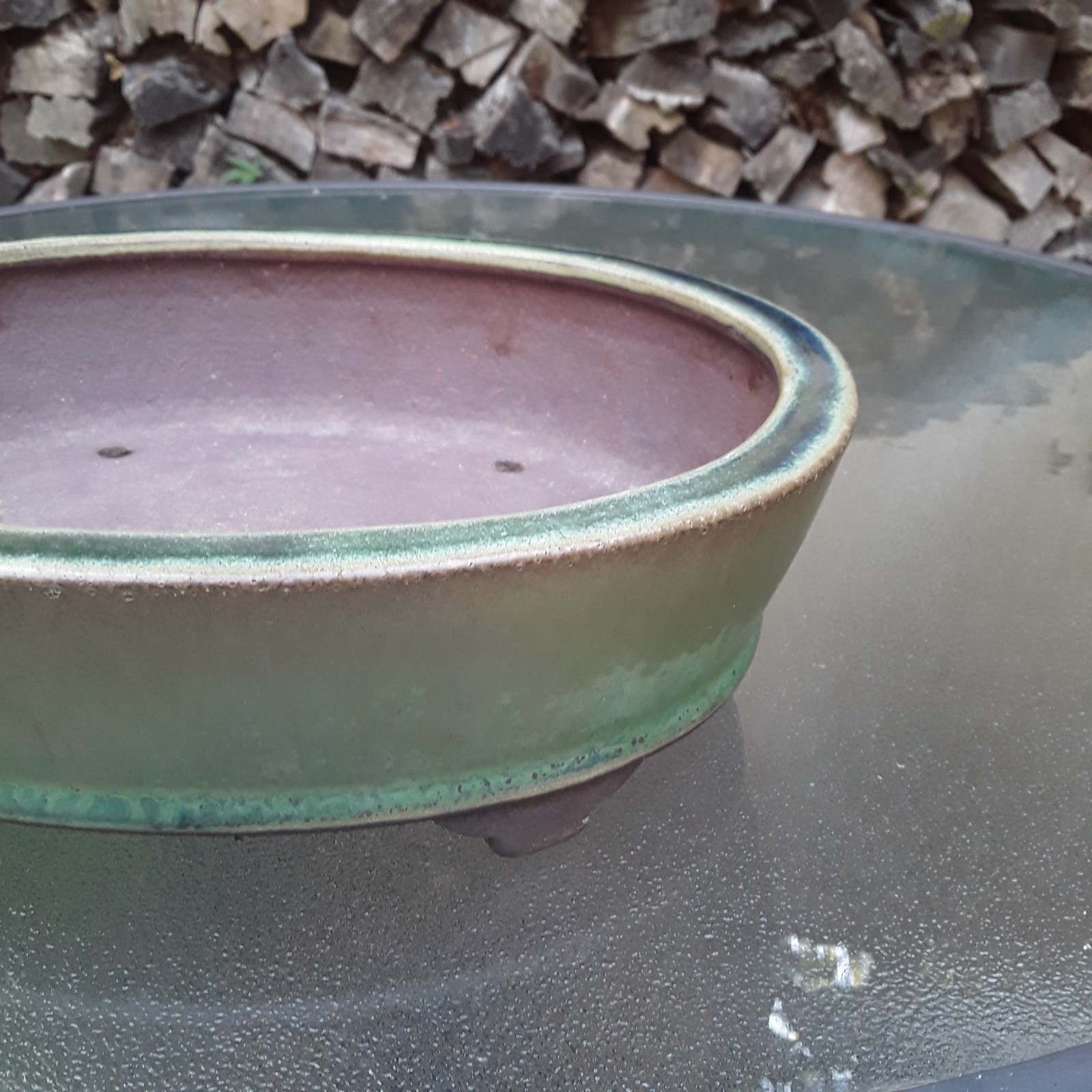 Japanese Bonsai Pot TOKONAME Green Glaze Oval 9 x 8.5 x 3″ SHOSEN-YAMAAKI W24cm
