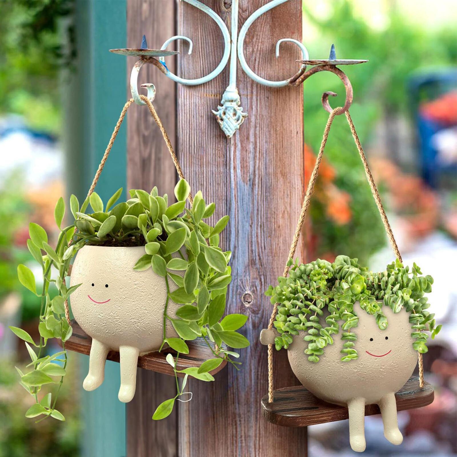 2 Pack Swing Face Planter Pots Hanging Succulent Flower Resin Pots Garden Decor