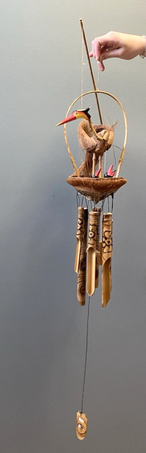Bamboo Wood Jointed Bird Egret Stork In Coconut Shell Nest Wind Chimes 49″