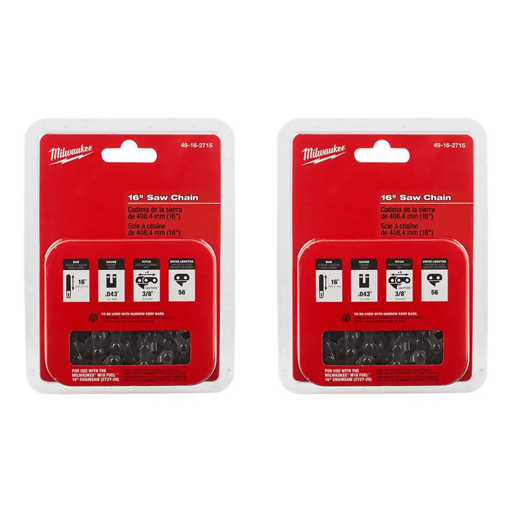 NEW Milwaukee 2-PACK 16 in. Chainsaw Chain Saw M18 FUEL Narrow Kerf 3/8 in.
