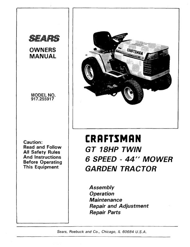 Owner’s Manual Sears Craftsman GT 18.0 HP Twin Garden Tractor – Model 917.255917