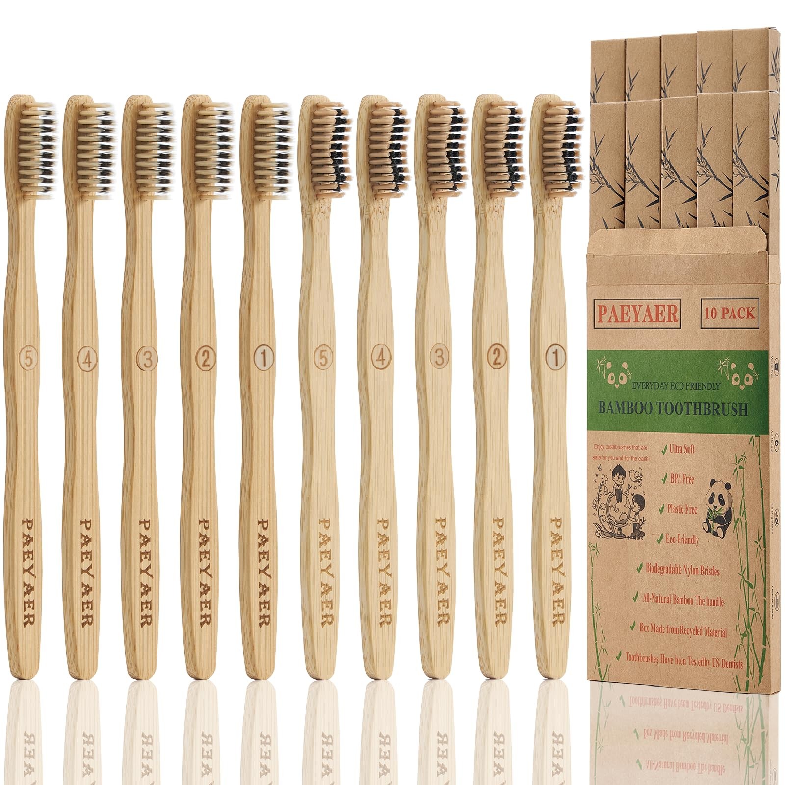 10 Count Bamboo Toothbrush (Soft+Medium) Charcoal Toothbrushes, Natural Wood Too