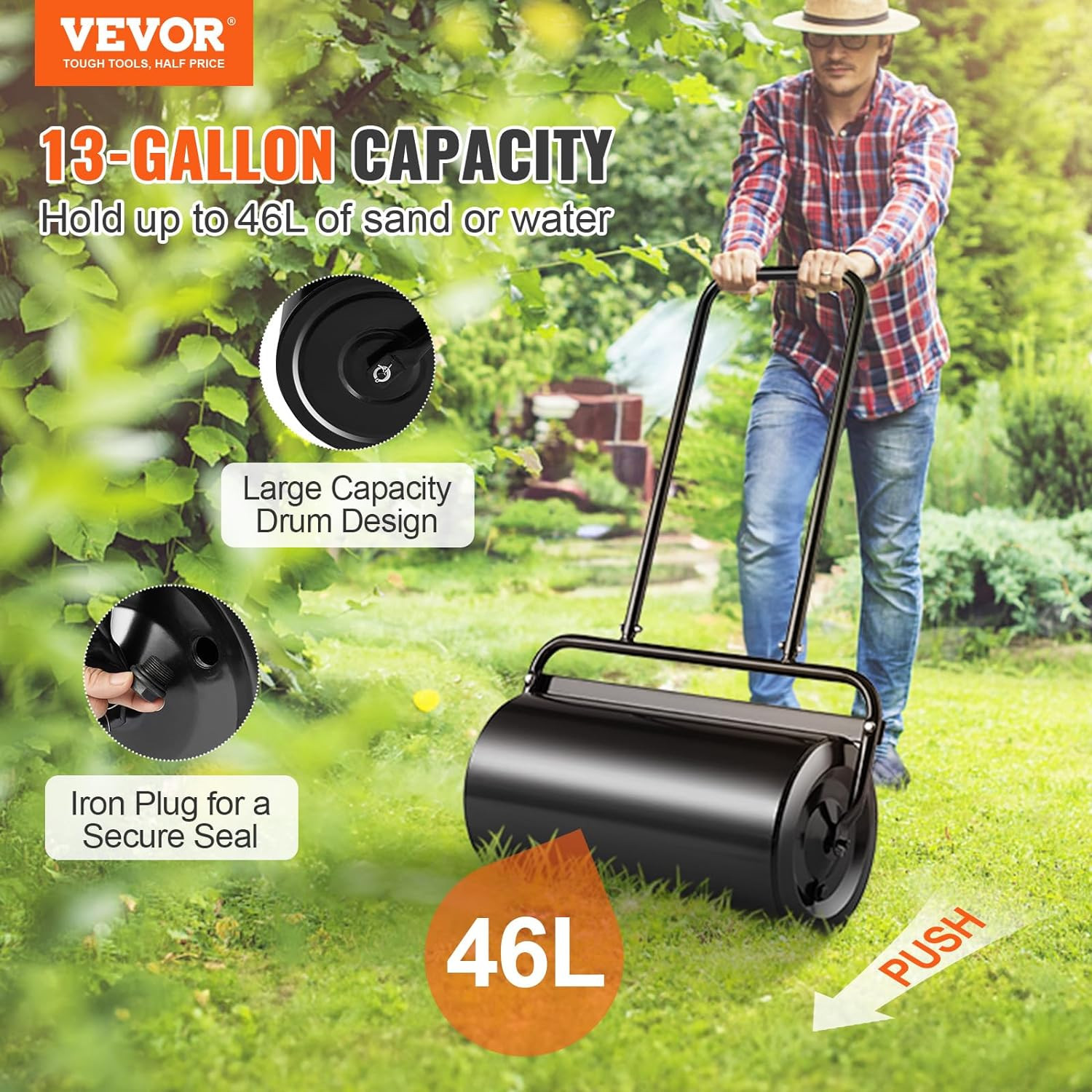 VEVOR Lawn Roller 13 Gallon Large Capacity Sand/Water Filled, Heavy Duty Steel M
