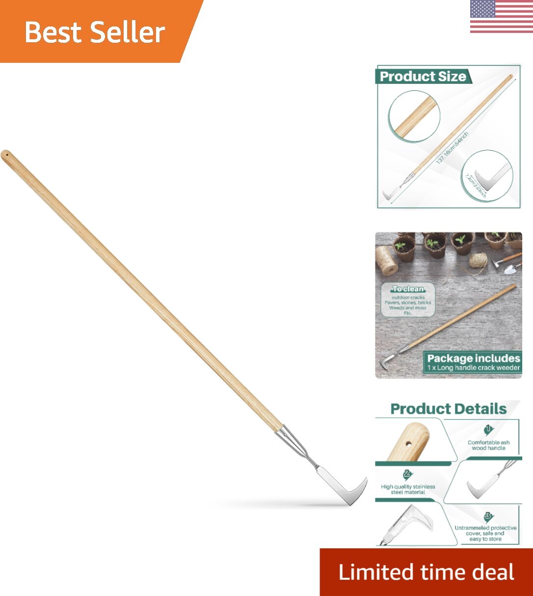 Garden Long Handle Crack Weeder 54 Inch Stainless Steel Crevice Weeding Tool …