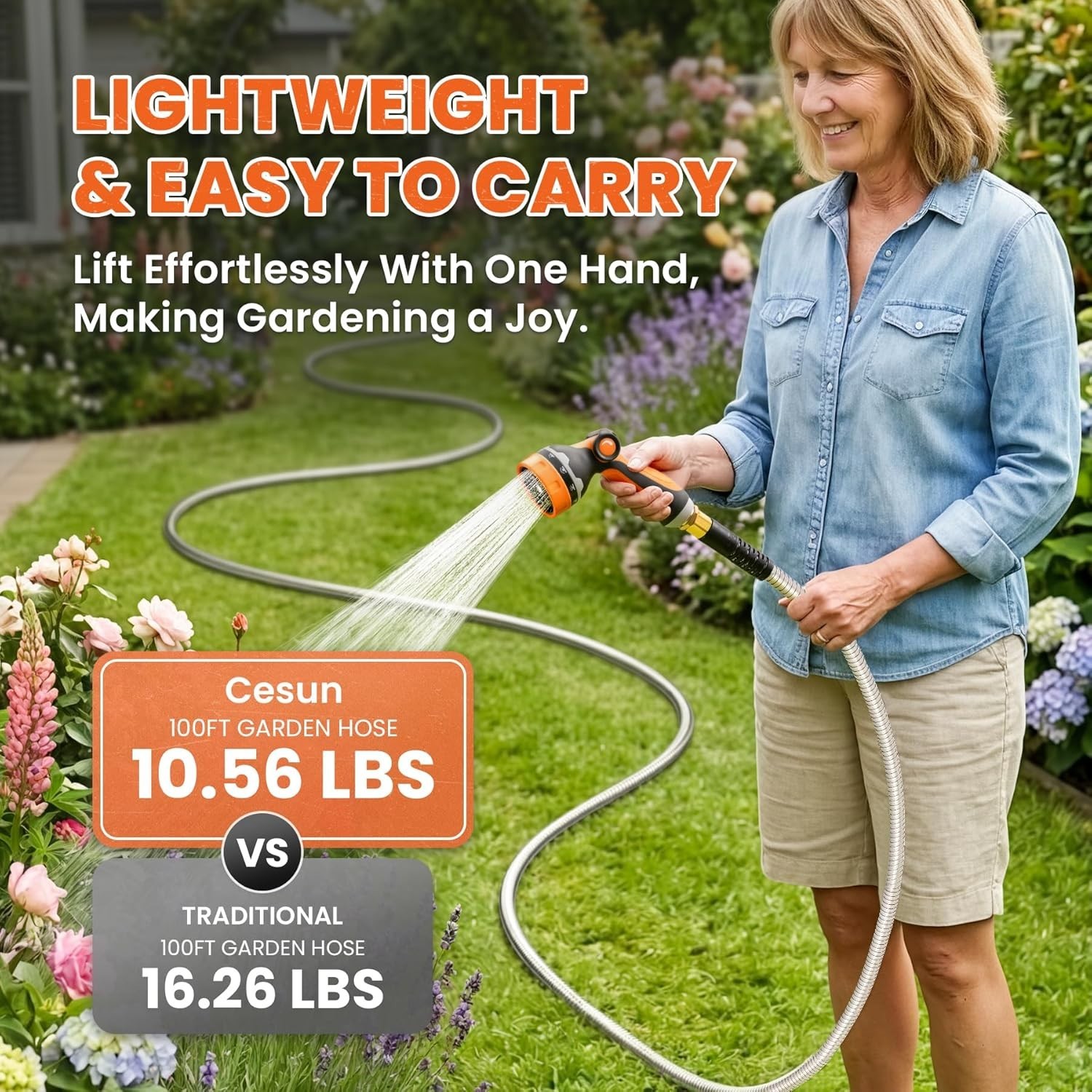 100 ft Metal Garden Hose, Stainless Steel Heavy Duty Water Hose With 10 Funct…