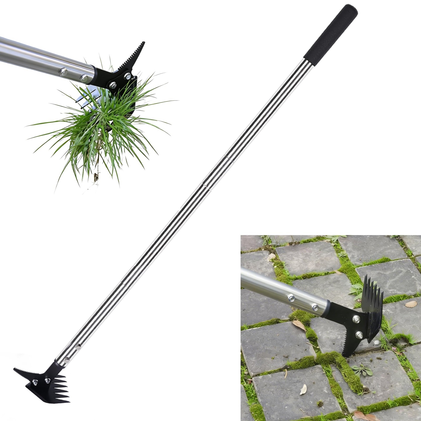 Long Handle Weed Puller 2in1 Rake Crack Weeder Adjustable Stainless Steel Lawn G