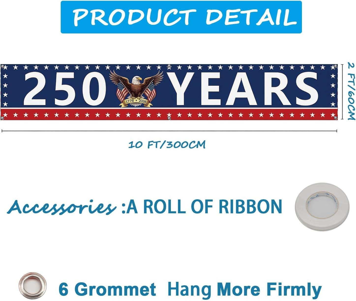 250 Year Anniversary USA Banner Flag 2×10 Ft, 4th of July Decorations 1776-2026