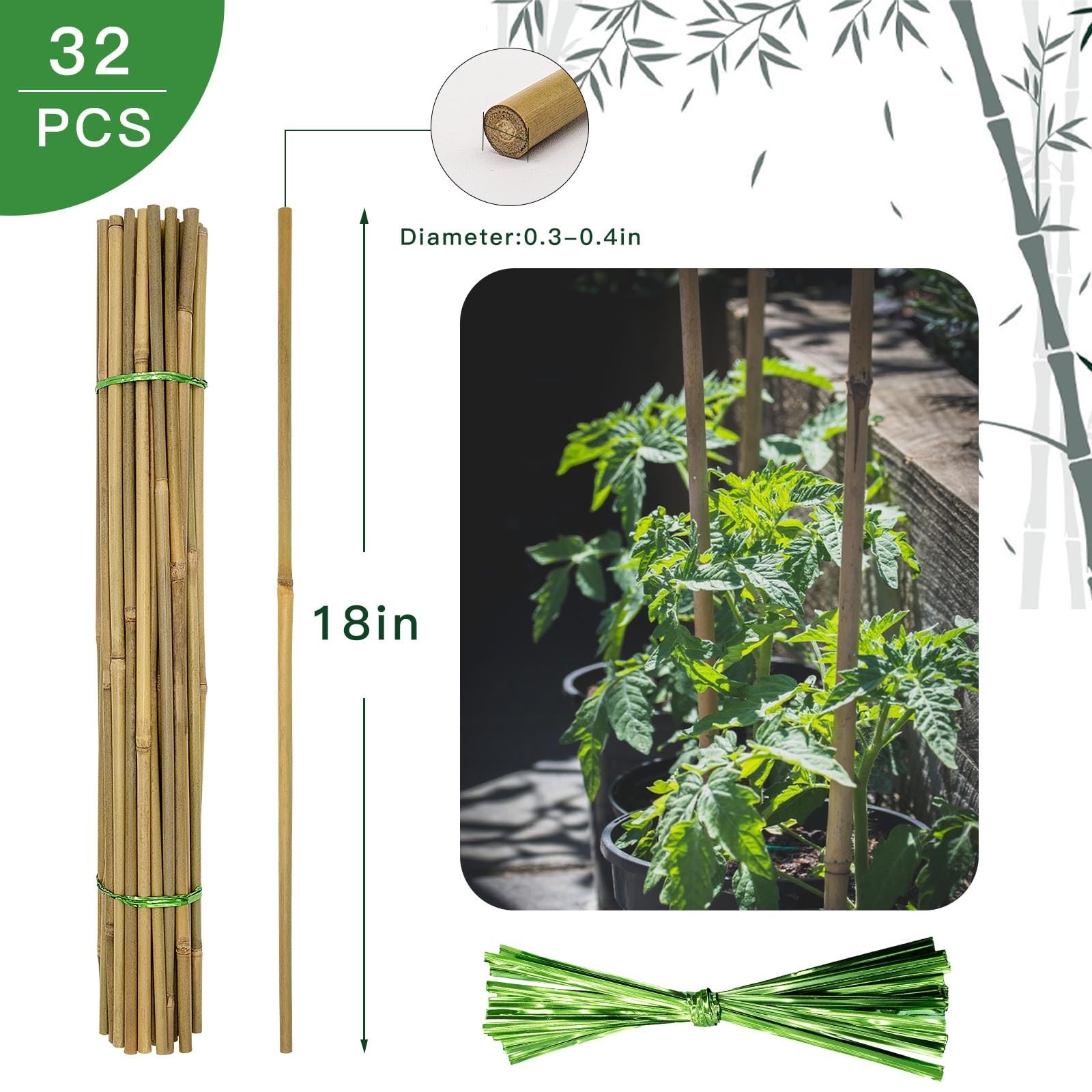 [32 Pcs] Garden Stakes, 18 Inches Natural Bamboo 18 Inches, 32Pack, bamboo