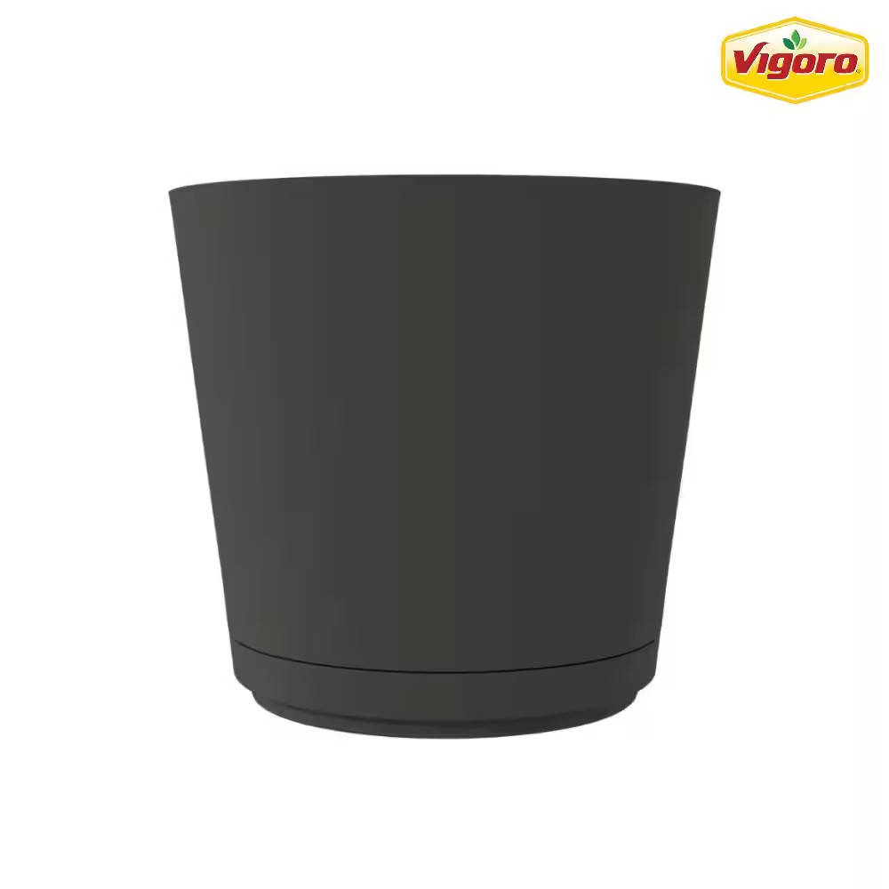 Kyra Large Black Plastic round Planter with Attached Saucer (16 In. L X 16 In. W