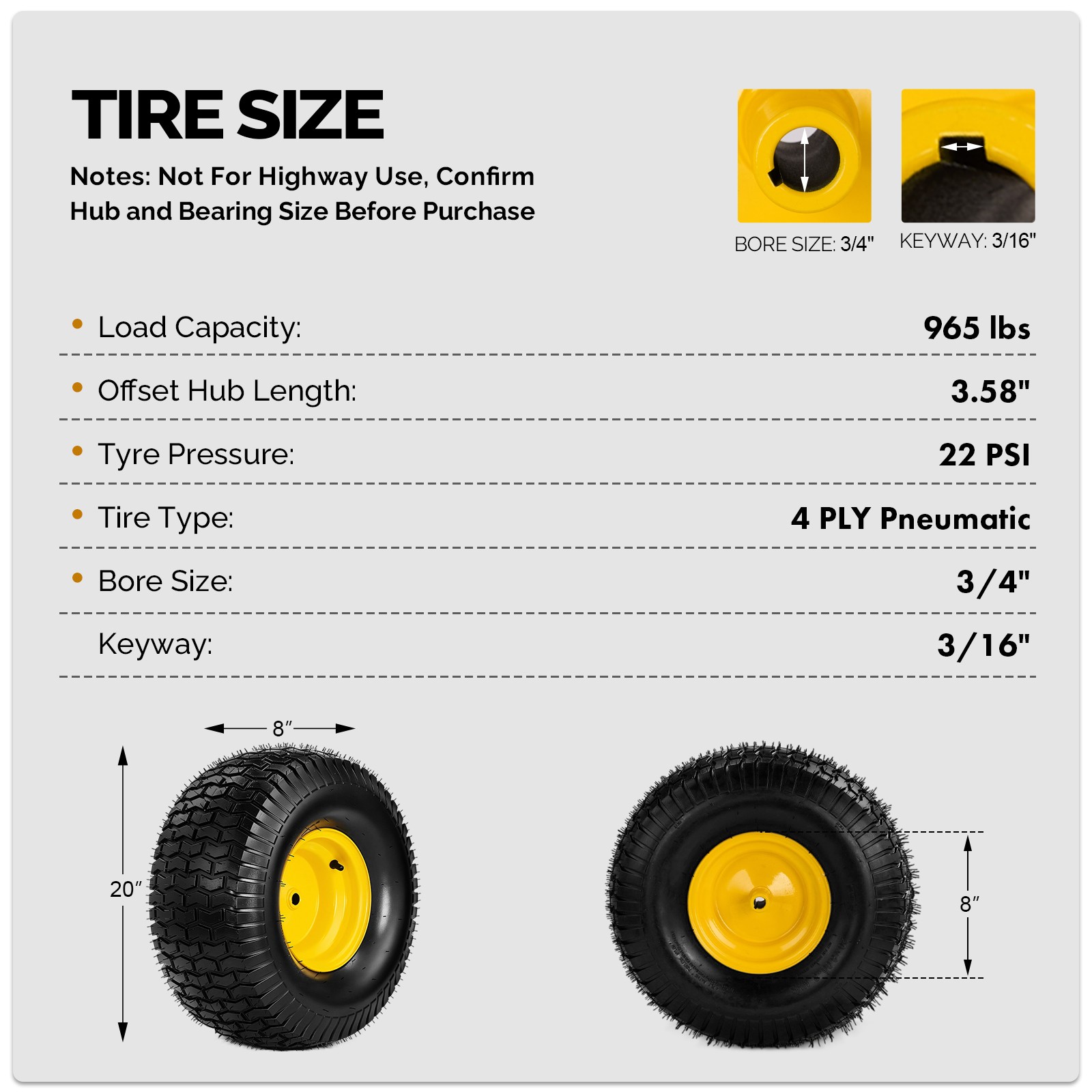 Two 20×8.00-8 Lawn Mower Tires and Wheel 4 Ply Tubeless 20×8-8 20x8x8