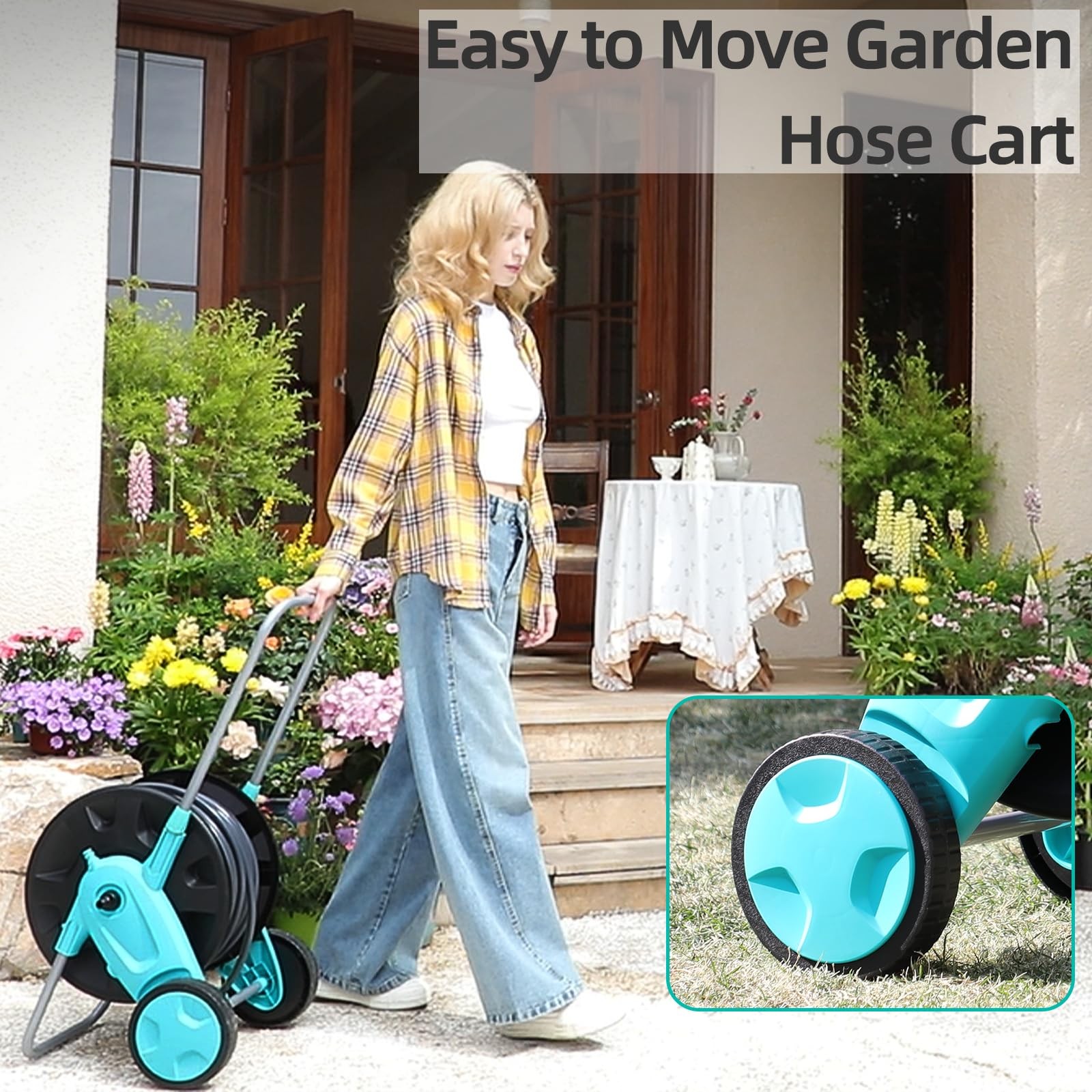 Portable Garden Hose Reel Cart, Hold Up to 75-100 Ft of 5/8 75FT-100FT, Blue