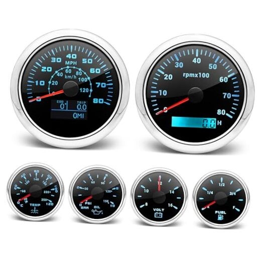 6 Gauge Set- 3-3/8″ GPS Speedometer 0-80 MPH/ 0-120 Km/h, Black and Silver