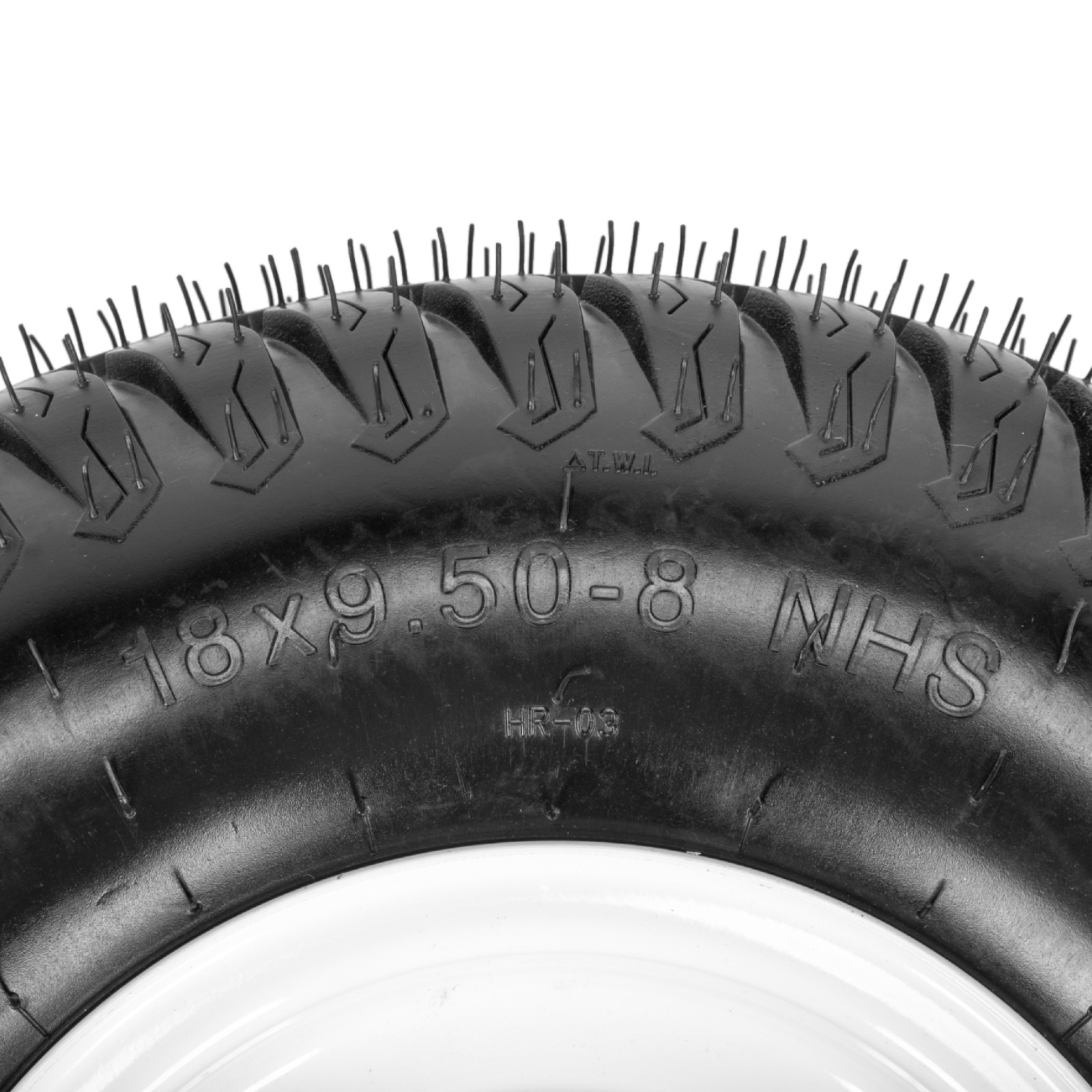 Two 18×9.50-8 18×9.5-8 18×9.5×8 Lawn Mower Tires & Rims LRB 4 Lug White Wheel