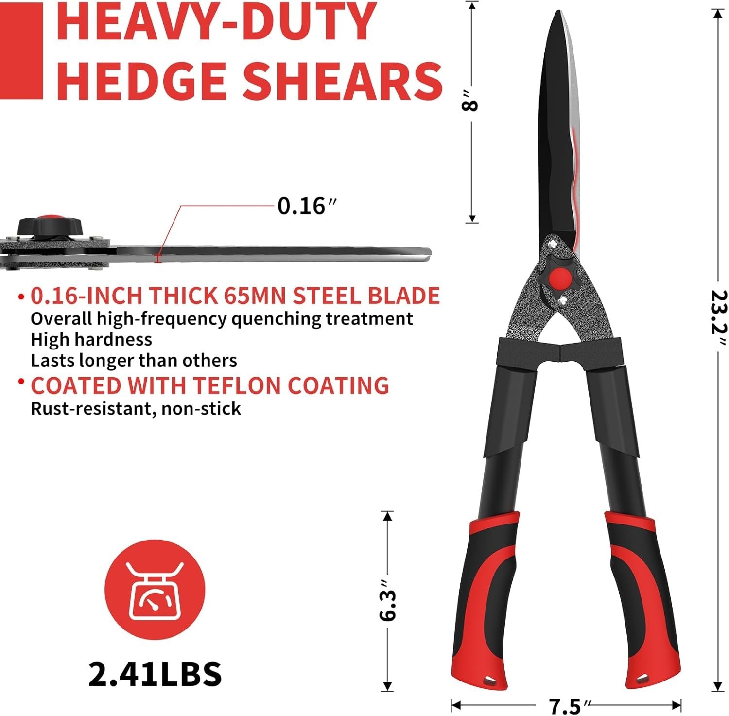 23-Inch Hedge Shears, Manual Garden Clippers with 9″ High Carbon Steel Wavy B…
