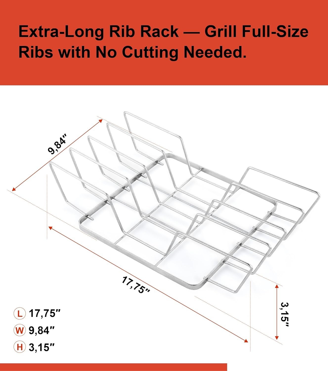 Rib Rack for Smoking – Foldable Extra Long Stainless Steel Rib Holder for 4 Ribs
