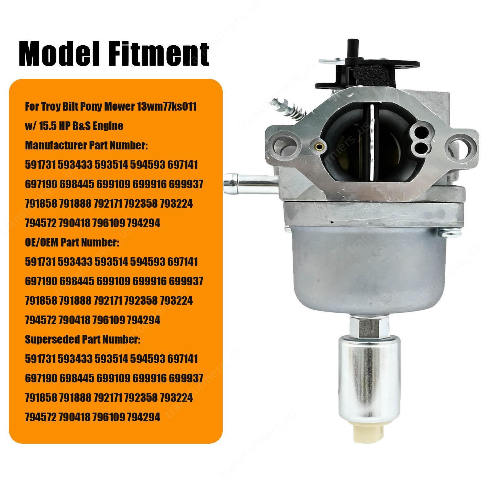 Carburetor With Kit For Troy Bilt Pony Mower 13wm77ks011 w/ 15.5 HP B&S Engine