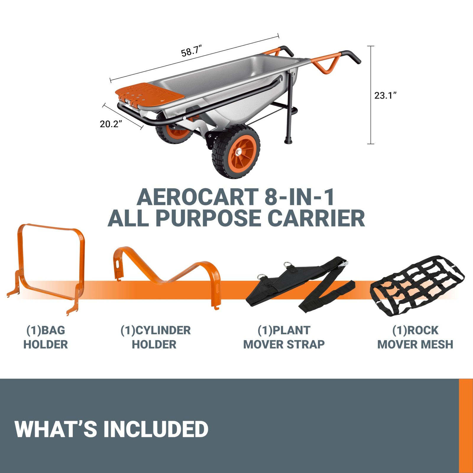 Worx WG050 8-in-1 Aerocart Garden 18″ x 12″ x 42″, Orange,black and Silver