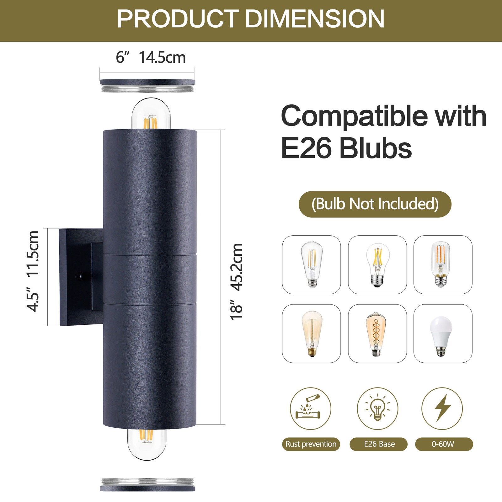 2 Pack 18″ Outdoor Wall Sconce IP65 Waterproof Up Down Light Black Exterior Lamp