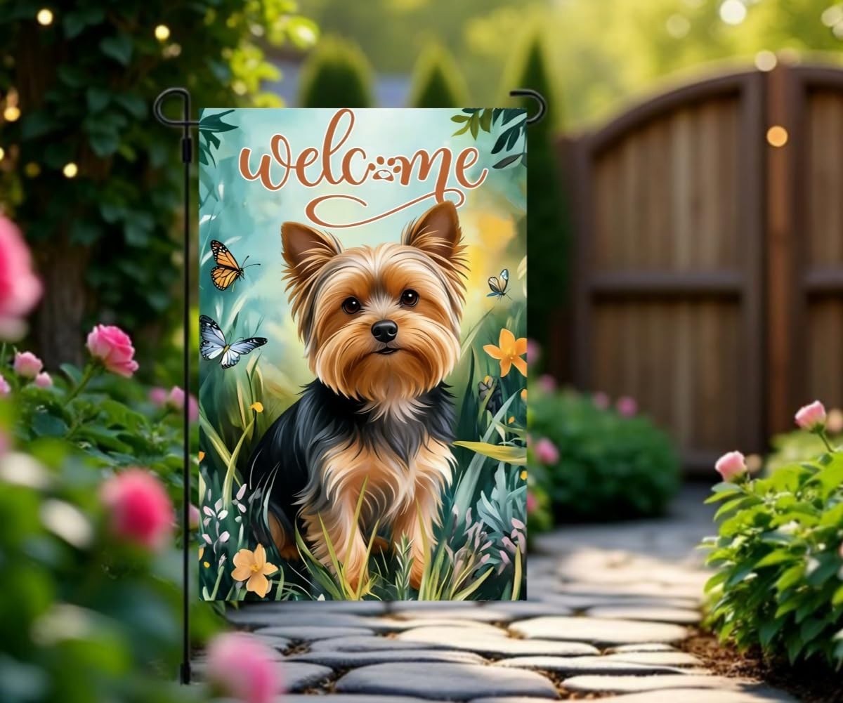 Spring Summer Yorkie Dog Garden Flags 12×18 Inch Double Sided, Burlap Farmhou…