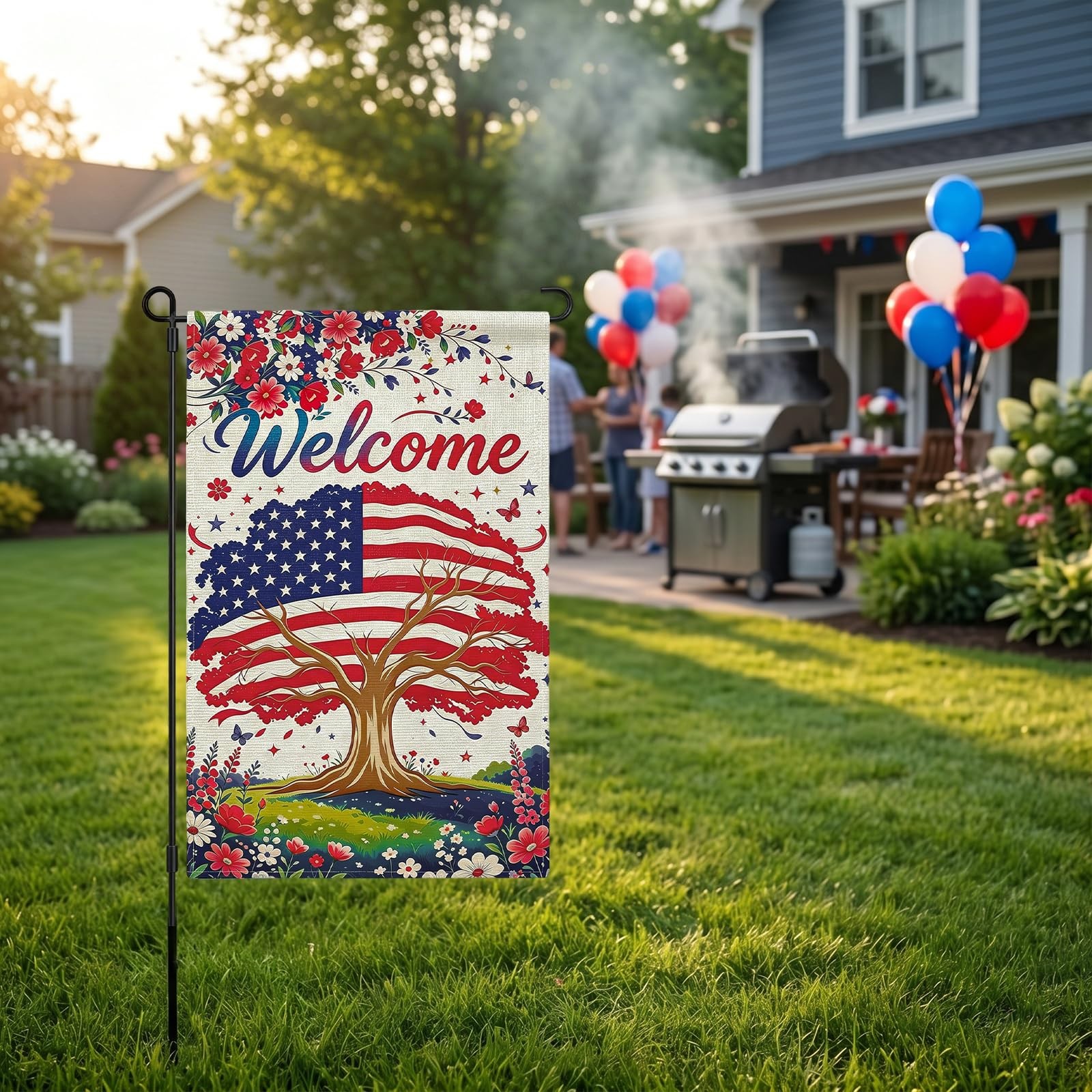 4th of July Garden Flags America Patriotic Welcome Home Red White and Blue Decor
