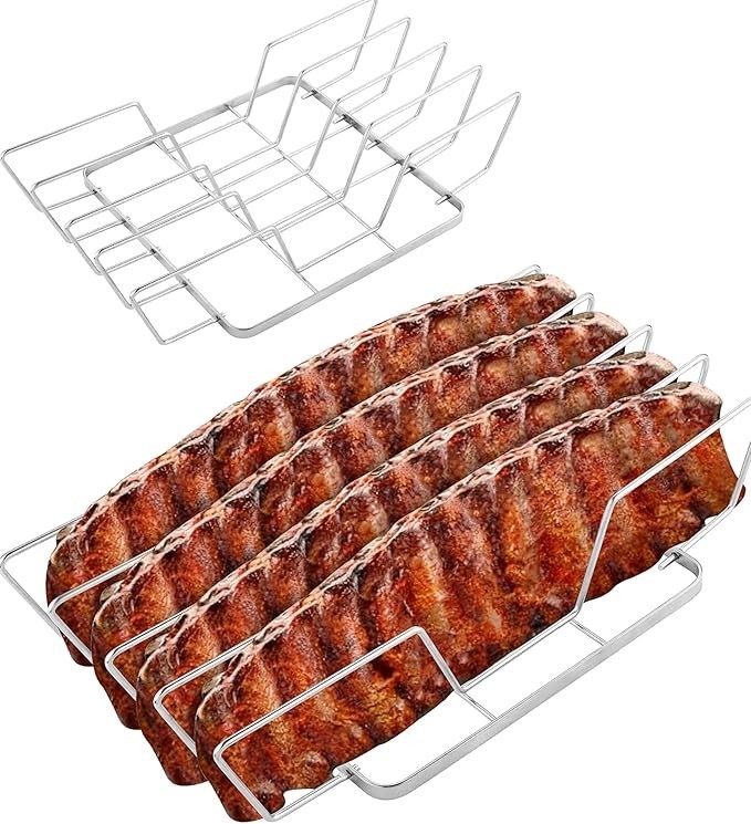 Rib Rack for Smoking – Foldable Extra Long Stainless Steel Rib Holder for 4 Ribs