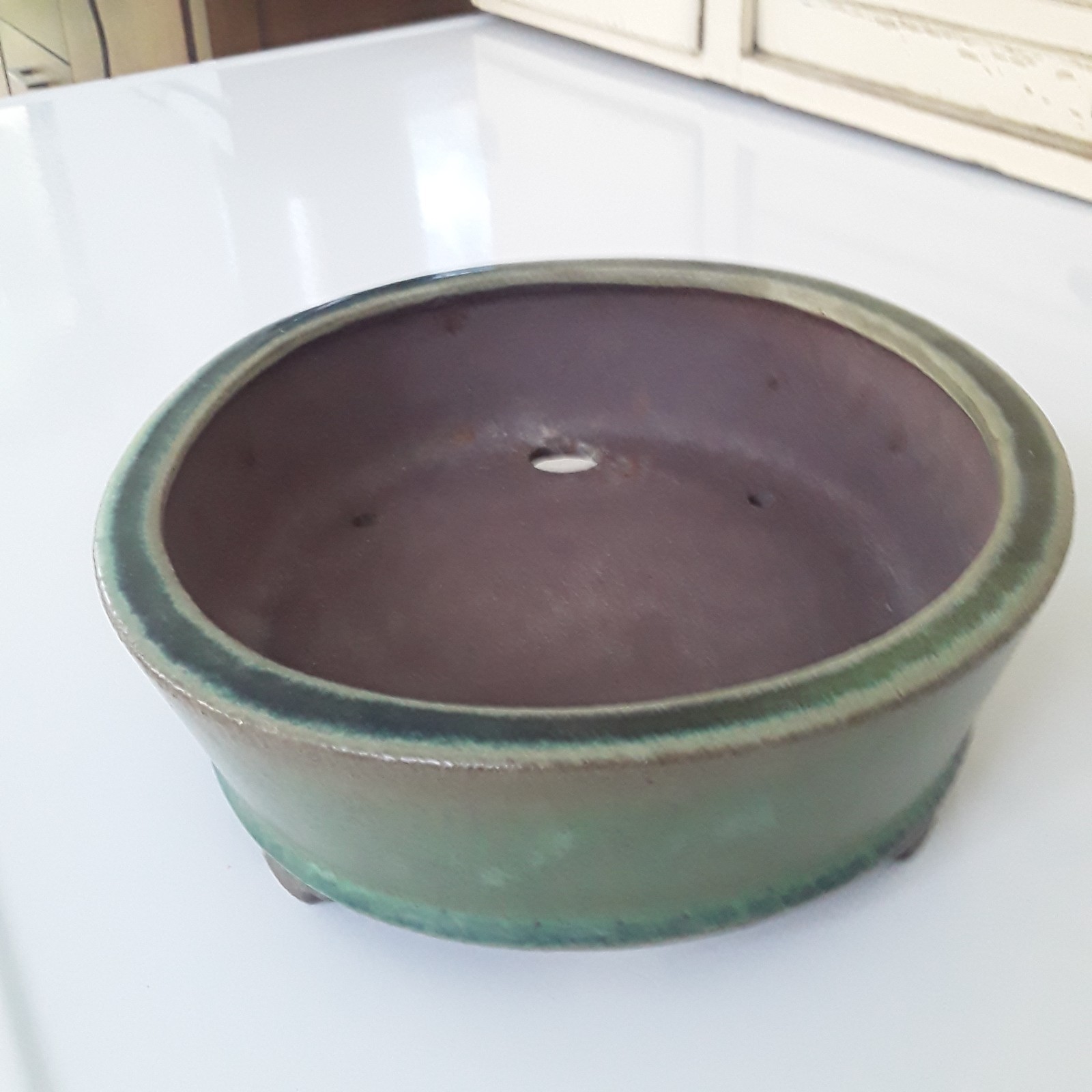 Japanese Bonsai Pot TOKONAME Green Glaze Oval 9 x 8.5 x 3″ SHOSEN-YAMAAKI W24cm