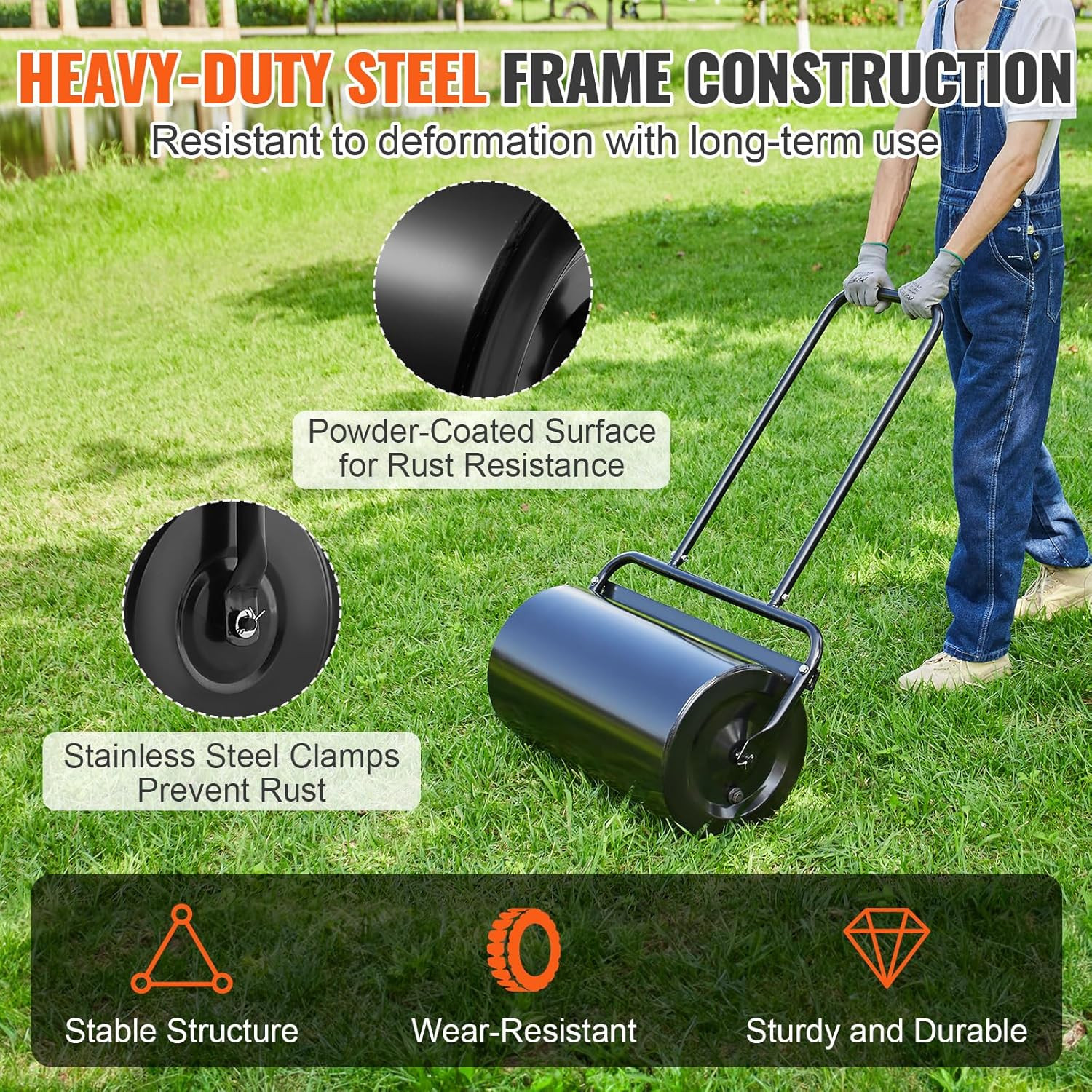 VEVOR Lawn Roller 13 Gallon Large Capacity Sand/Water Filled, Heavy Duty Steel M