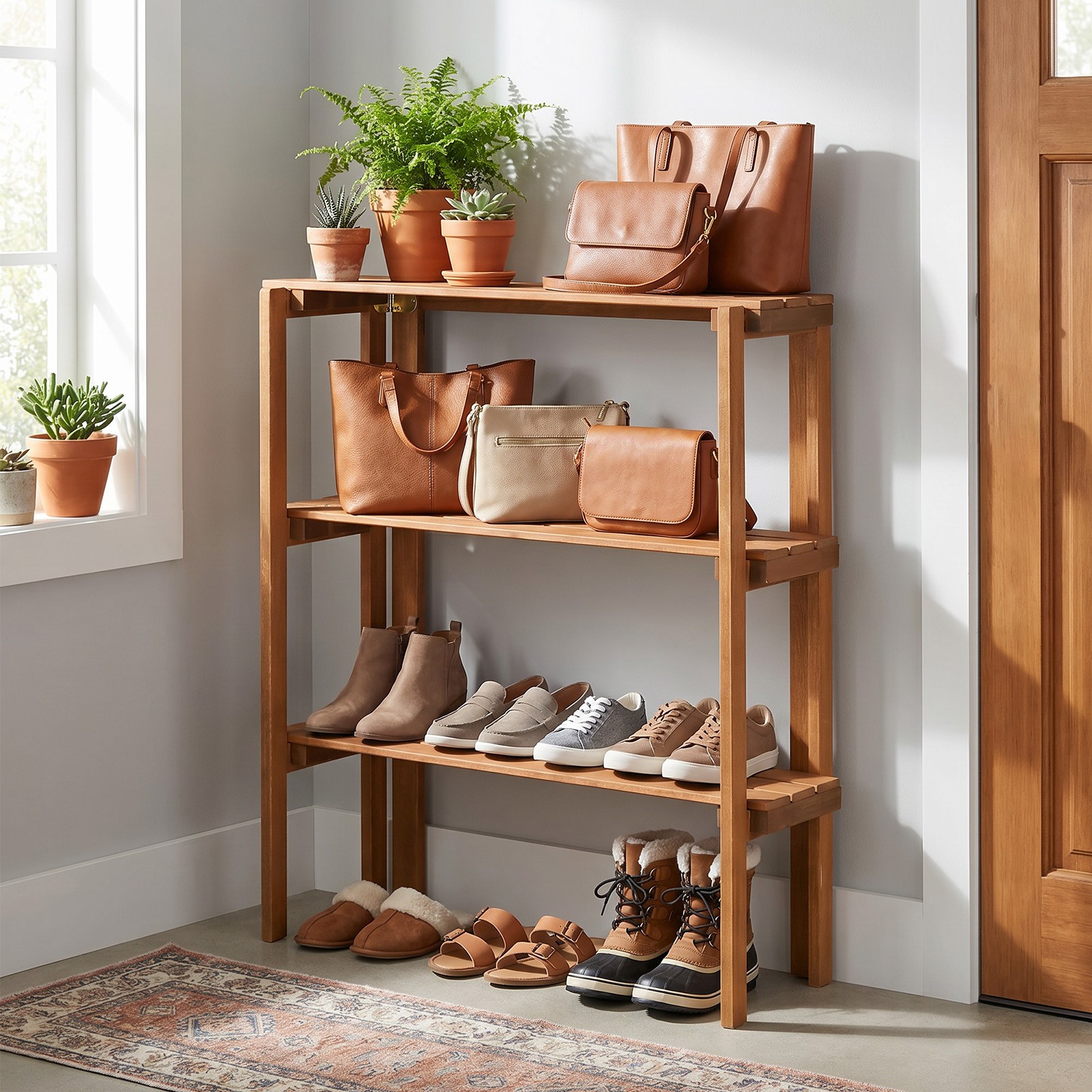 Folding Wooden Storage Shelves, 3-Tier Plant Stand Indoor Outdoor for Entryway