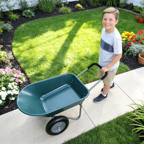 Wheel Barrow Two Wheeled Trolley ABS for Garden 15 inch Pneumatic Wheel Green
