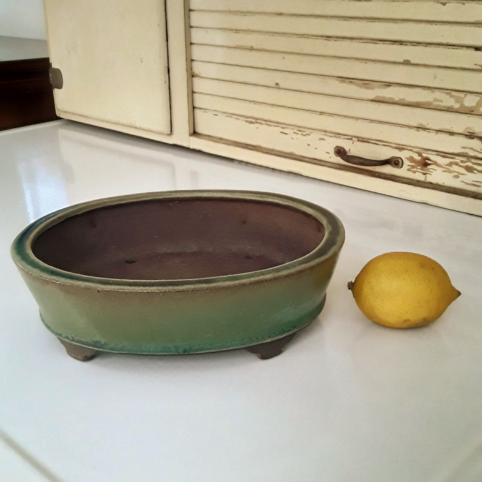 Japanese Bonsai Pot TOKONAME Green Glaze Oval 9 x 8.5 x 3″ SHOSEN-YAMAAKI W24cm